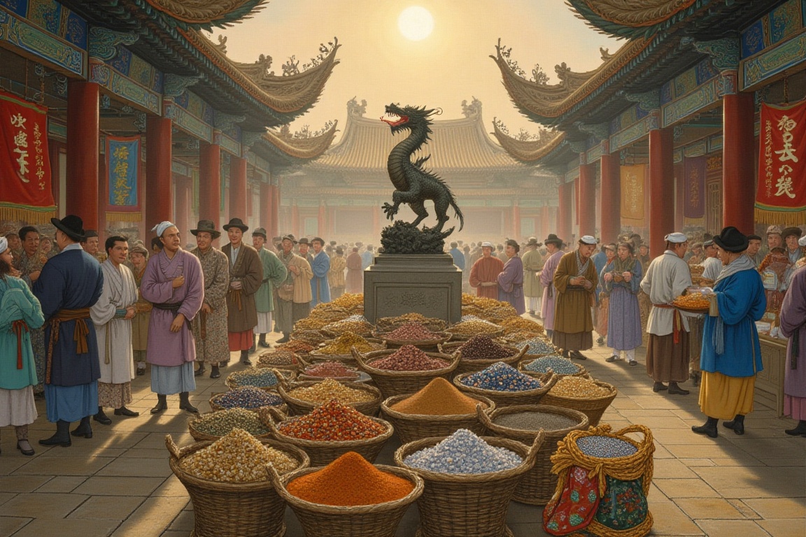 A serene morning scene at Moitj Royal Market in ancient China,  circa 17th century. The framing is wide-angle,  capturing...