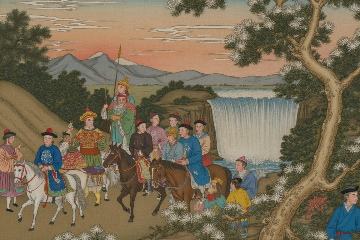 A regal procession unfolds amidst lush greenery,  as the Chinese Emperor,  resplendent in imperial robes on Tensor.Art
