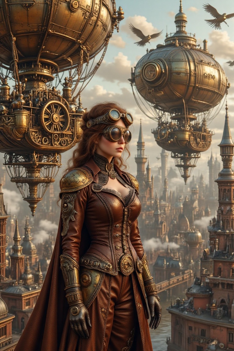 Create a cinematic steampunk scene where a bold aviator princess stands atop the polished brass prow of an ornate airship....
