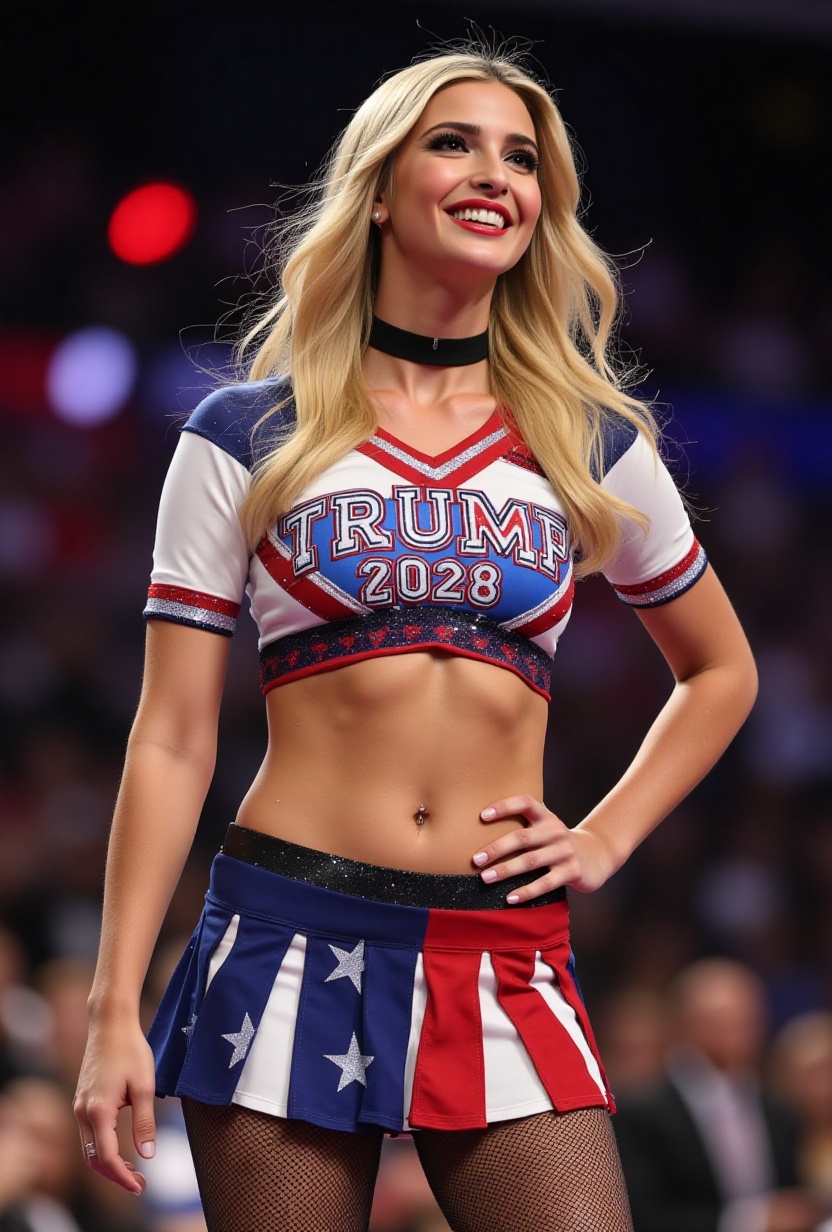A dynamic,  high-energy portrait of a young ivankatrump smiling in a revealing cheerleader uniform. She is wearing a small...