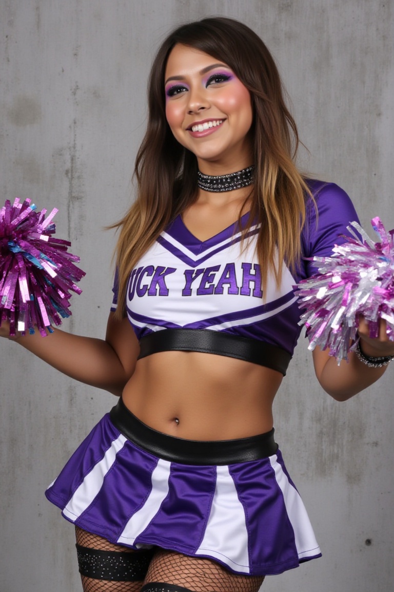 A dynamic,  high-energy portrait of a young Boxxy in a cheerleader uniform in a dynamic pose,  smiling. She is wearing a s...