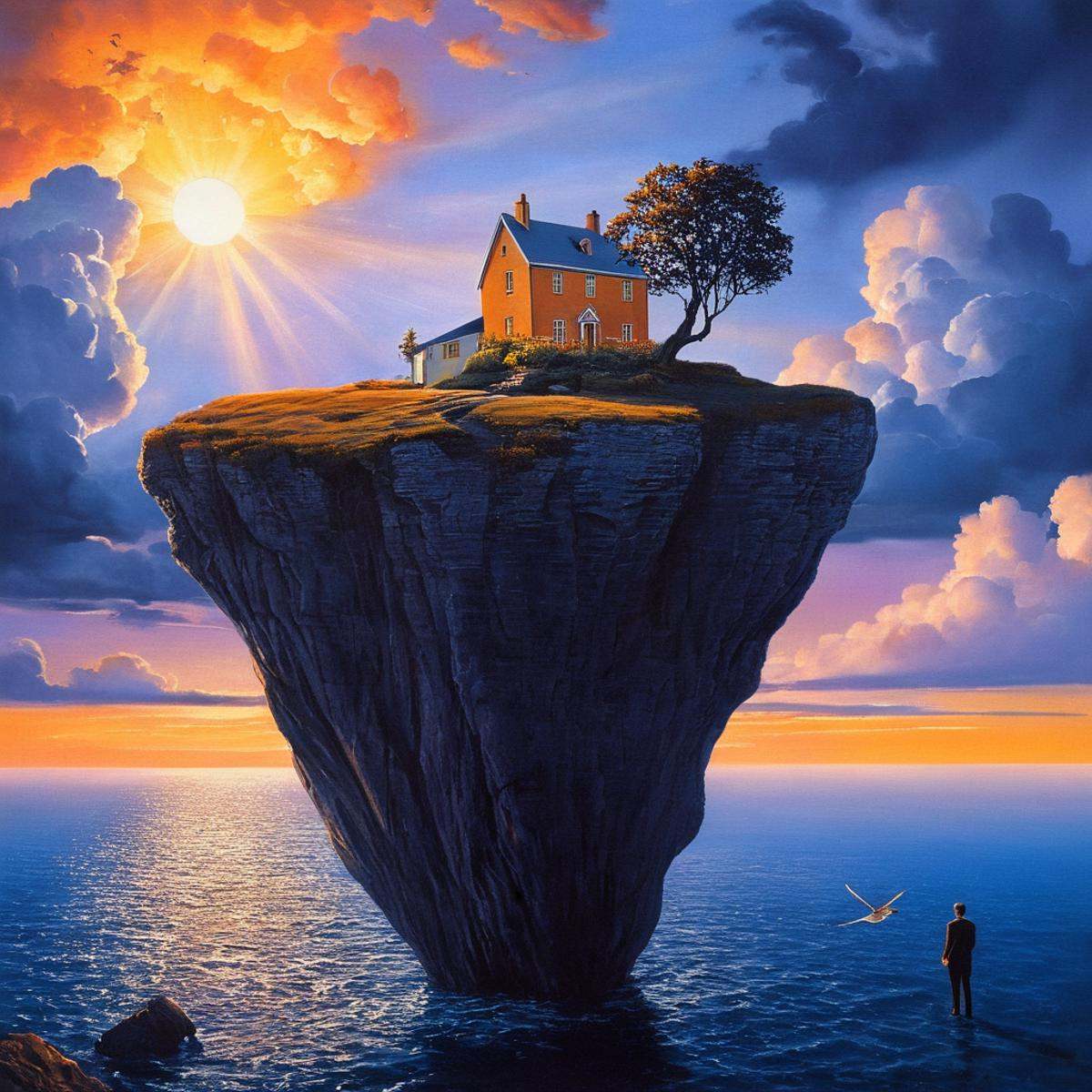 Surrealism,  A surrealism photo of a painting of a person standing on a cliff with a house on it,  outdoors on Tensor.Art