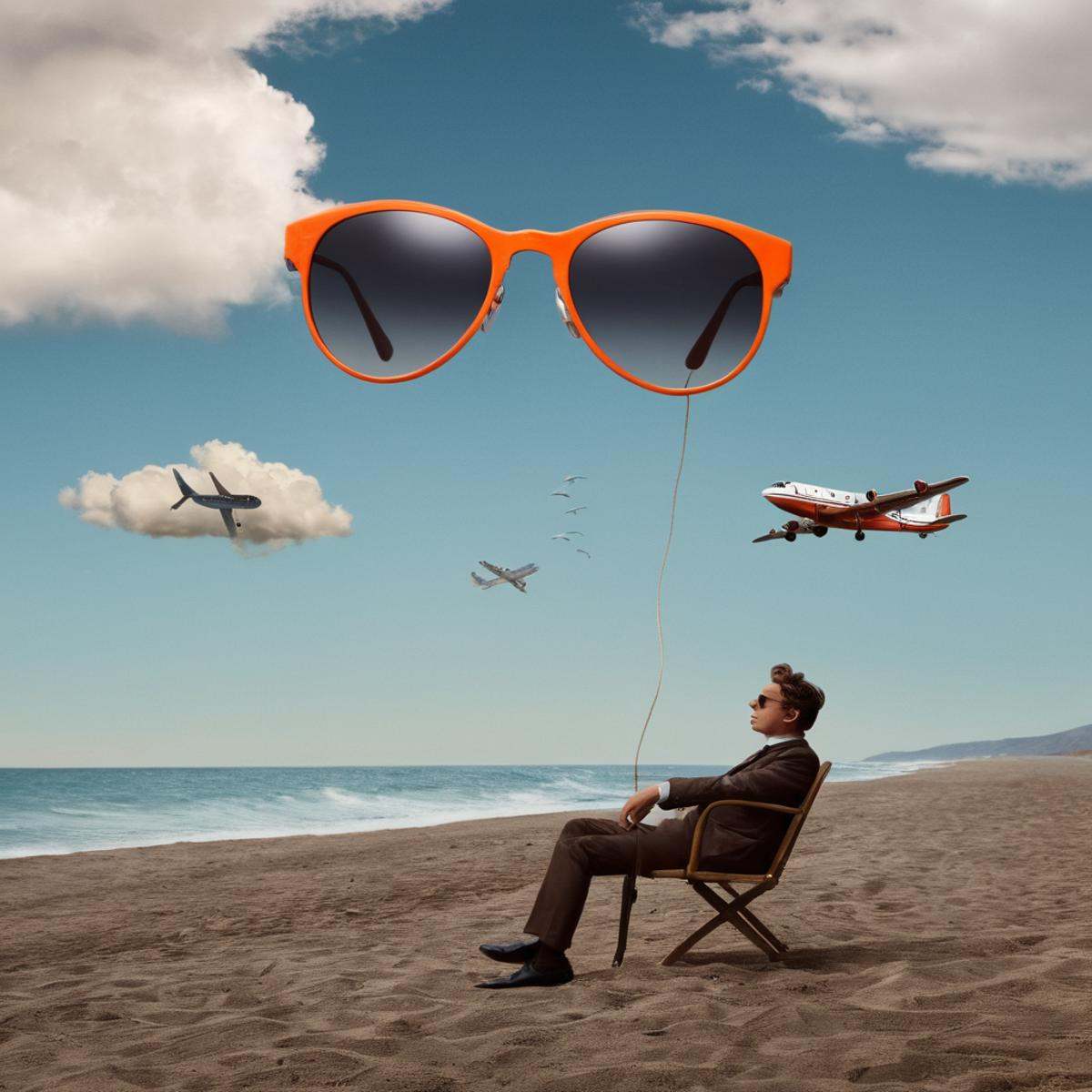 Surrealist art A surrealism photo of a painting of a man with sunglasses on a beach,  1boy,  outdoors on Tensor.Art