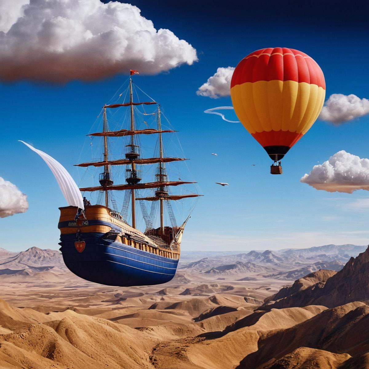 Surrealism,  A surrealism photo of a painting of a hot air balloon with a ship in the sky,  outdoors on Tensor.Art