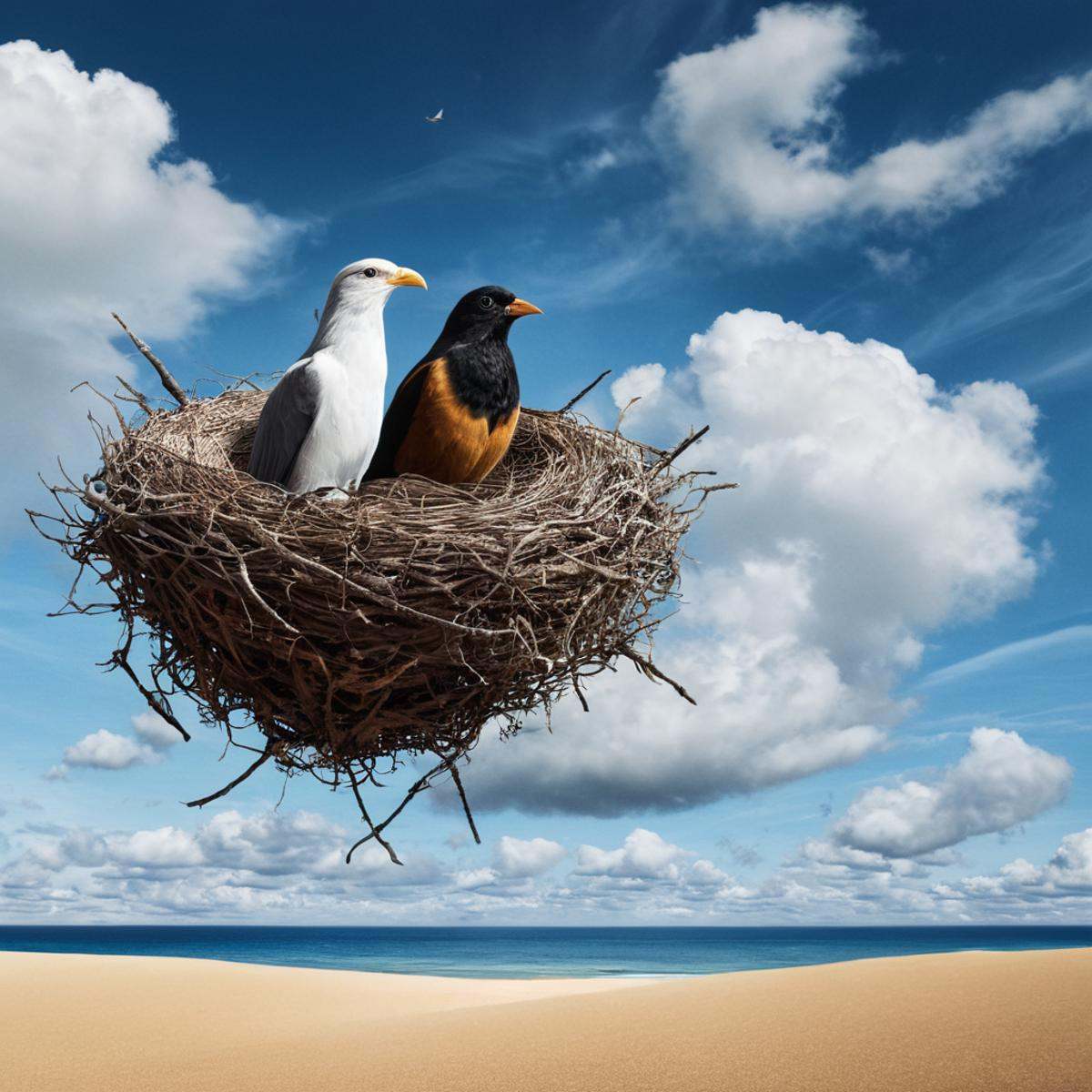 Surrealism,  A surrealism photo of a painting of two birds in a nest with a bird's head sticking out of it,  outdoors on T...