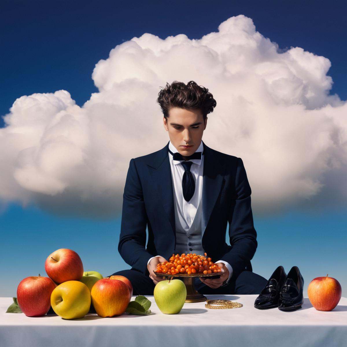 Surrealism,  A surrealism photo of a painting of a man in a costume on a table,  solo on Tensor.Art