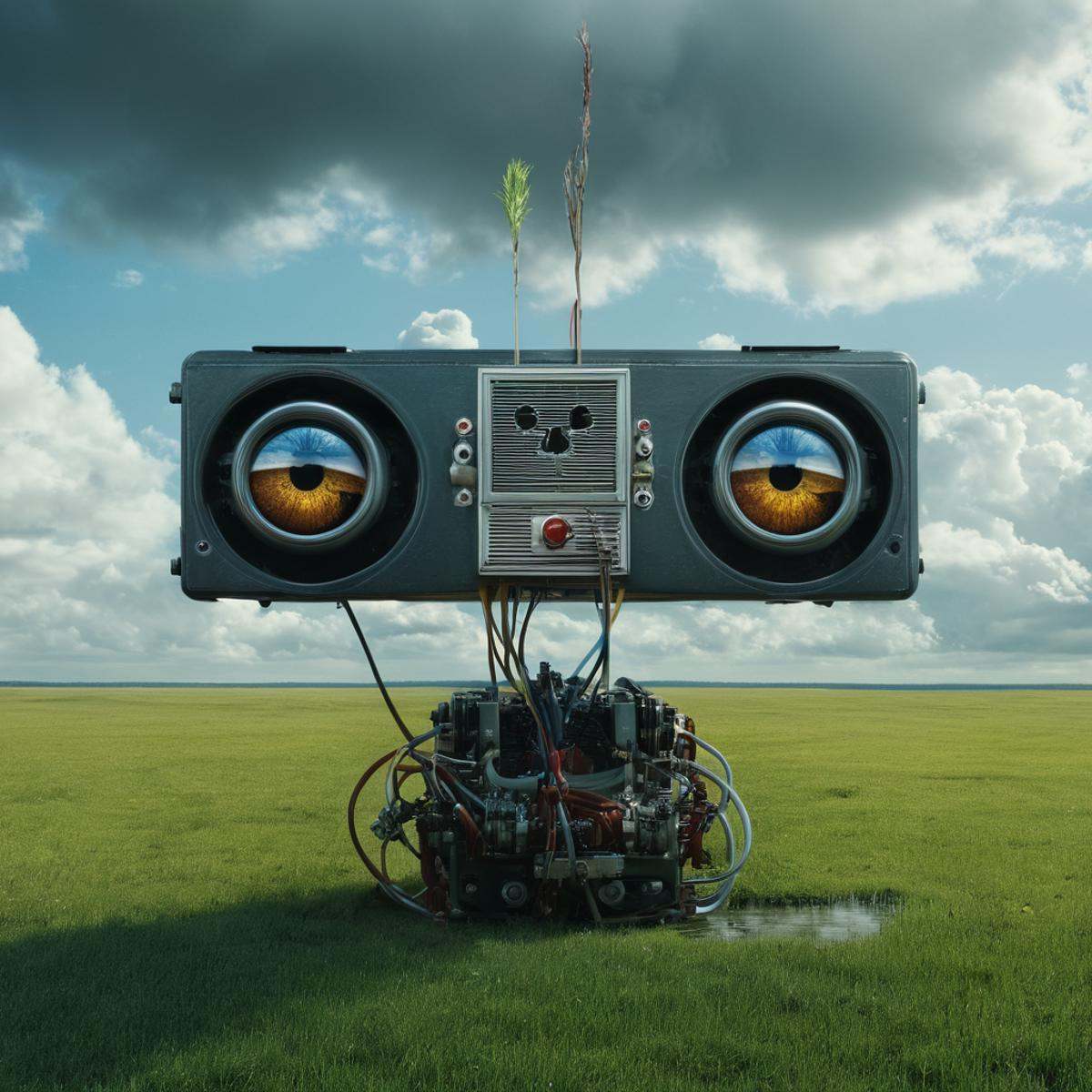 Surrealism,  A surrealism photo of a painting of a machine with two eyes on it,  outdoors on Tensor.Art