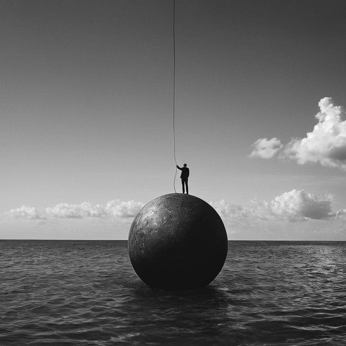 Surrealism,  A surrealism photo of a person holding a large object in the water,  monochrome on Tensor.Art