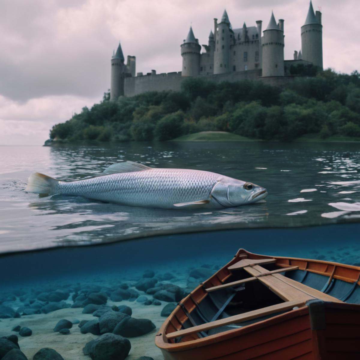 cinematic film still of A surrealism photo of a painting of a giant fish with a castle in the background,  outdoors,  sky...