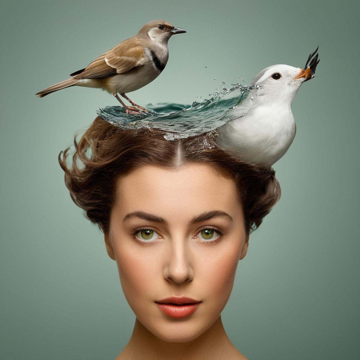 Surrealist art A surrealism photo of a woman with a bird on her head and a wave coming out of her face,  solo,  short hair...