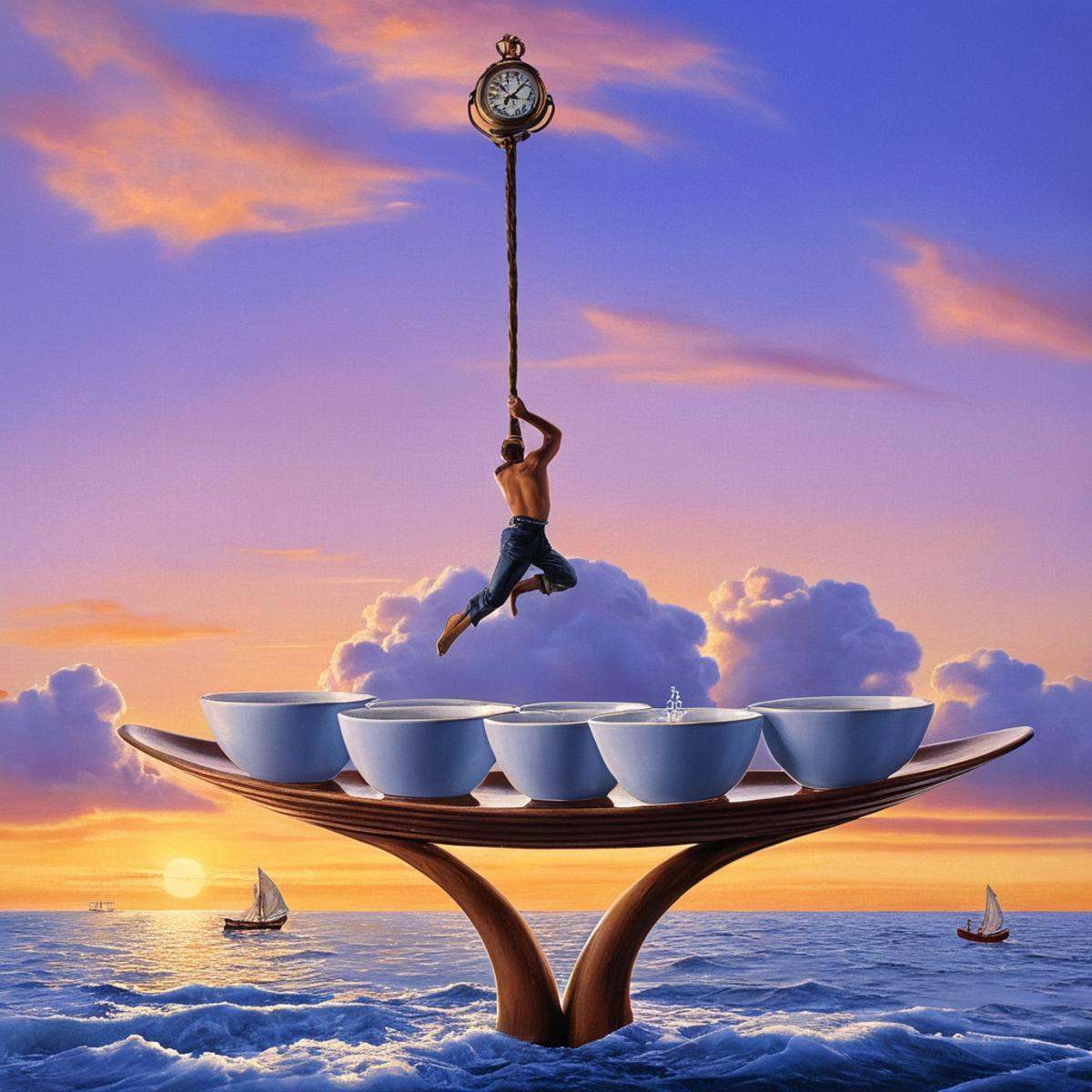 Surrealism,  A surrealism photo of a painting of a man balancing a scale with two bowls,  multiple boys on Tensor.Art