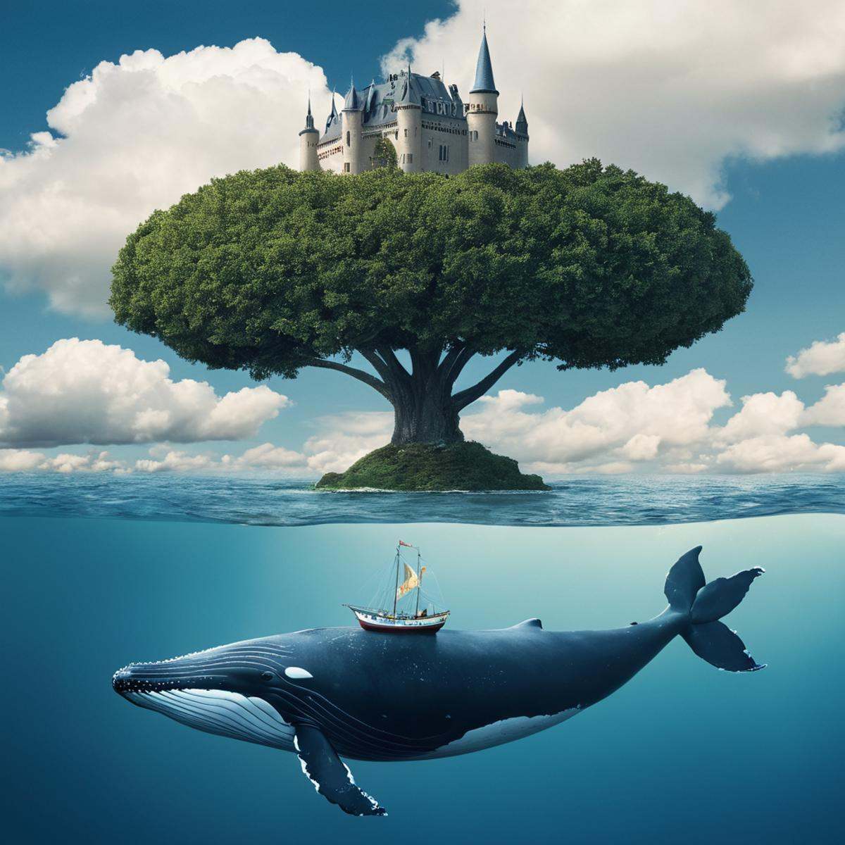 Surrealism,  A surrealism photo of a whale is floating in the water with a castle on top,  outdoors on Tensor.Art