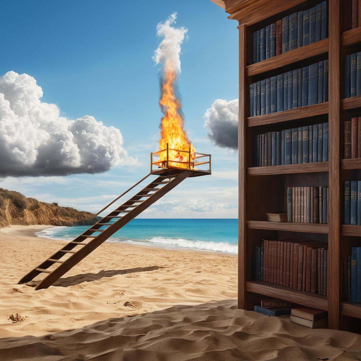 Surrealism,  A surrealism photo of a painting of a library with a fire coming out of it,  outdoors on Tensor.Art