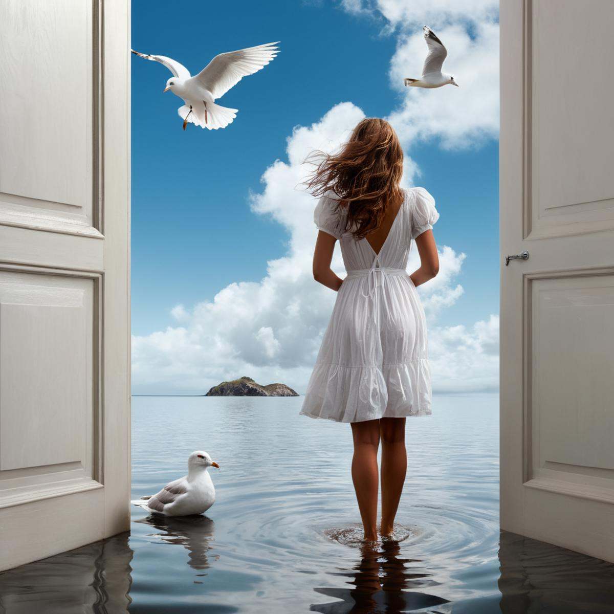 Surrealism,  A surrealism photo of a woman in a white dress is standing in the water near a door,  1girl on Tensor.Art
