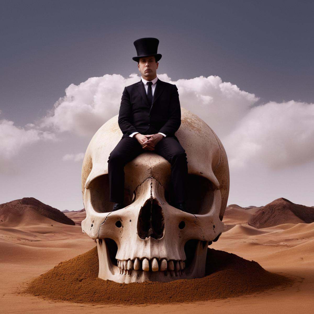 Surrealism,  A surrealism photo of a painting of a man sitting on top of a giant skull,  hat on Tensor.Art