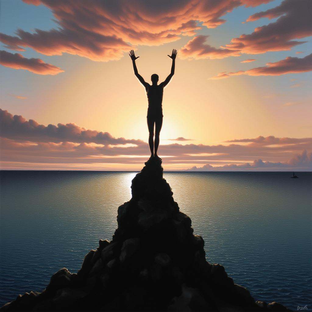 Surrealism,  A surrealism photo of a painting of a man standing on a rock with his arms up,  solo on Tensor.Art