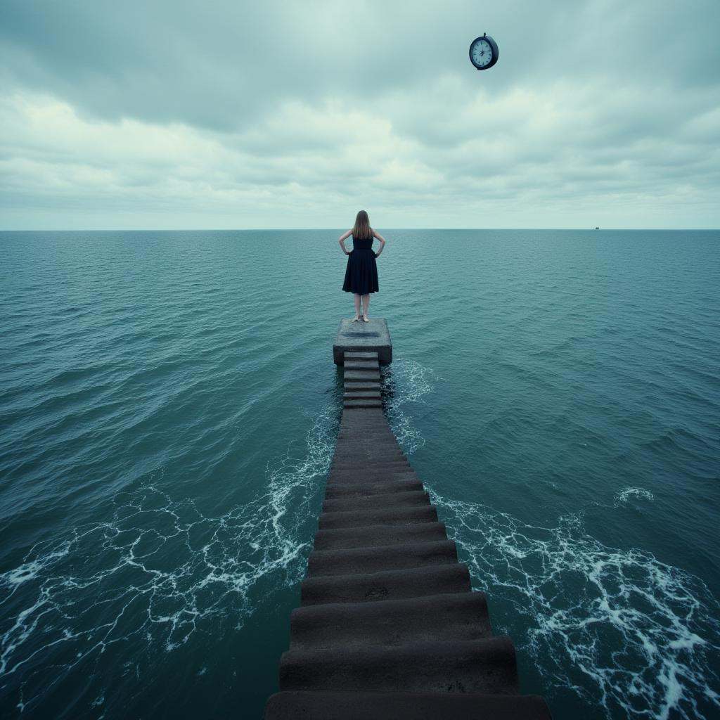 Surrealism,  A surrealism photo of a woman standing on a set of stairs in the ocean,  1girl on Tensor.Art