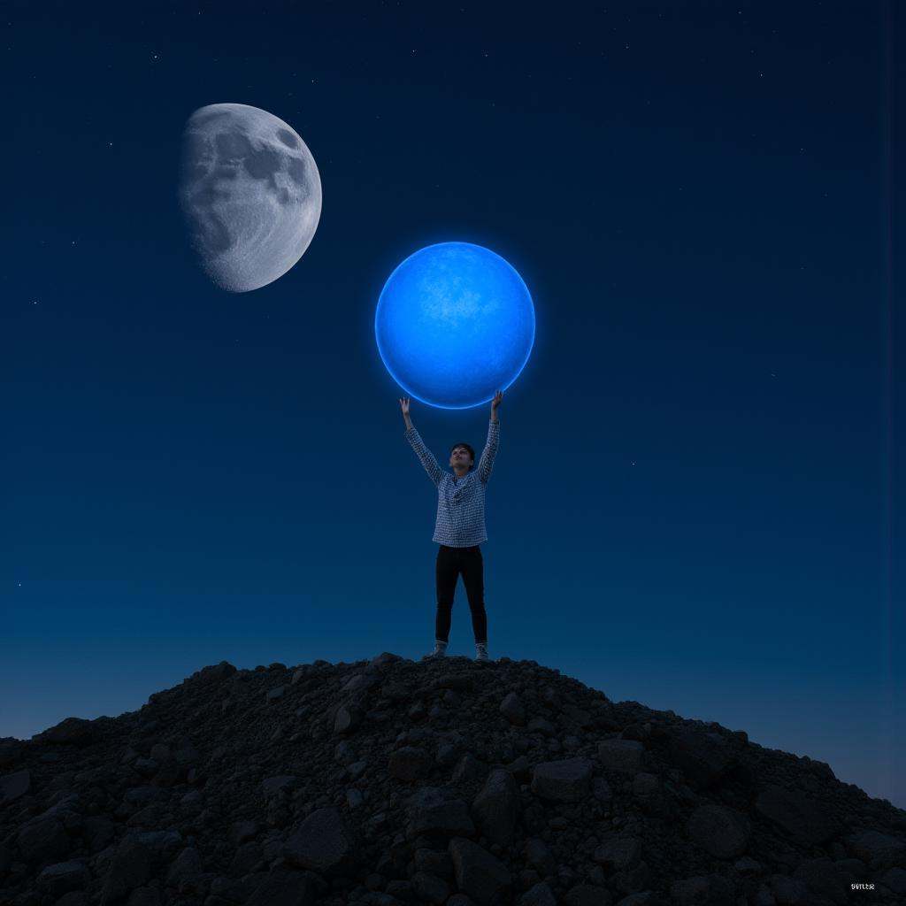 Surrealism,  A surrealism photo of a man holding a large blue ball on top of a mountain,  solo on Tensor.Art