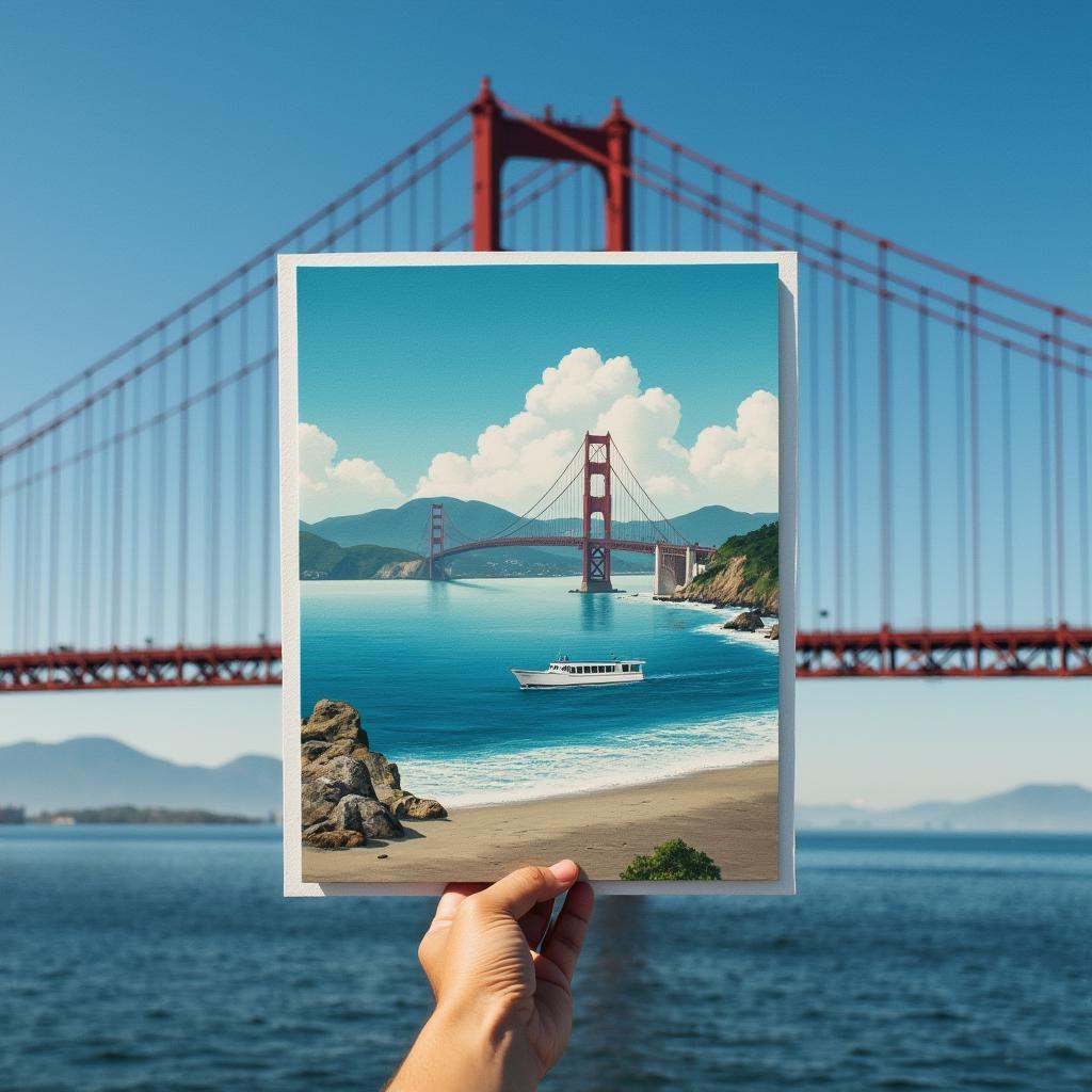 Surrealism,  cinematic surrealistic styleCinematic In Forced perspective style a person's hand holding up a painting pictu...