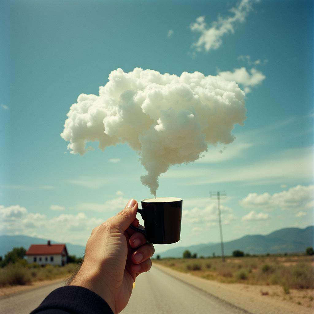 Surrealism,  cinematic surrealistic styleCinematic In Forced perspective style a person's hand holding a cup in their hand...