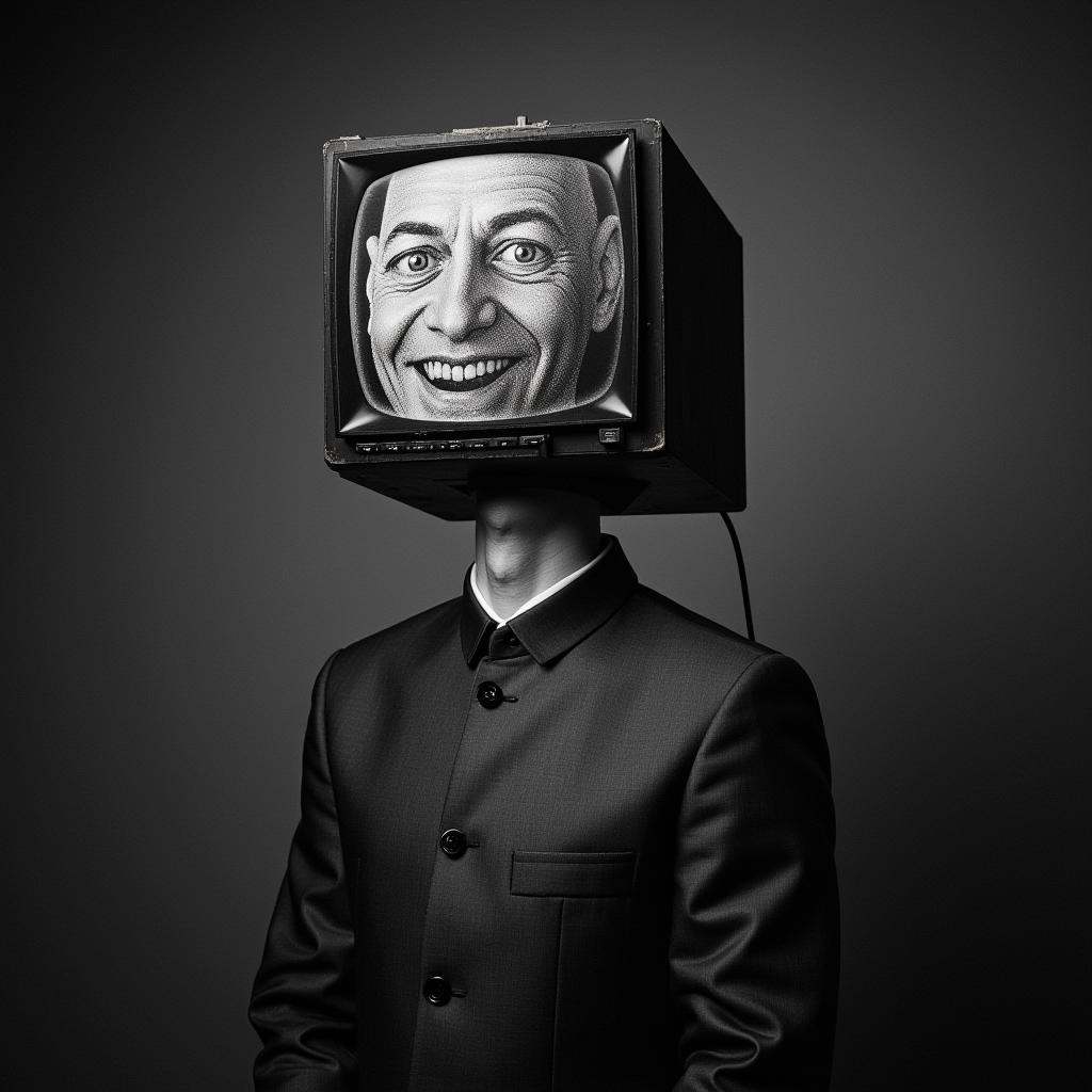 Surrealist art cinematic surrealistic style A surrealism photo of a man with a television on his head,  solo, on Tensor.Art