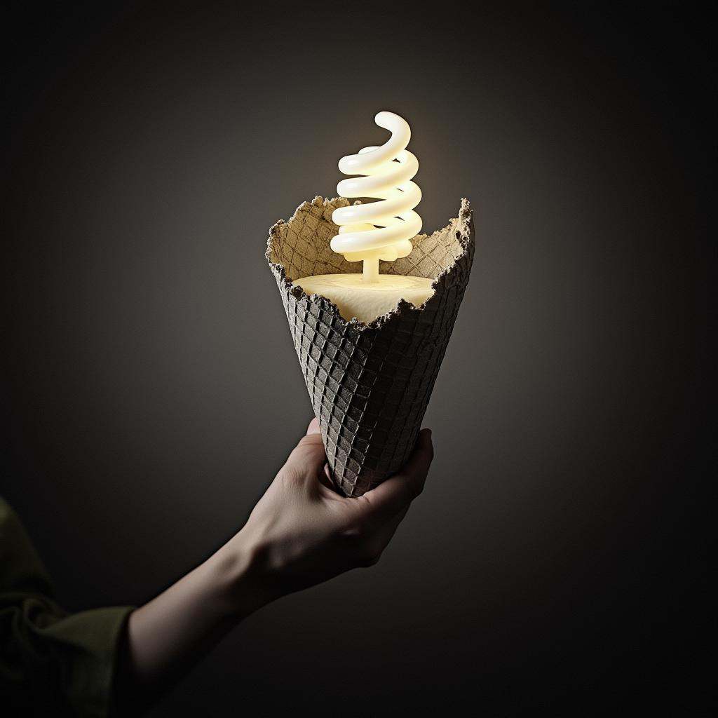 Surrealist art cinematic surrealistic stylea person holding an cone with a spiral florescent light bulb flavor on top of i...
