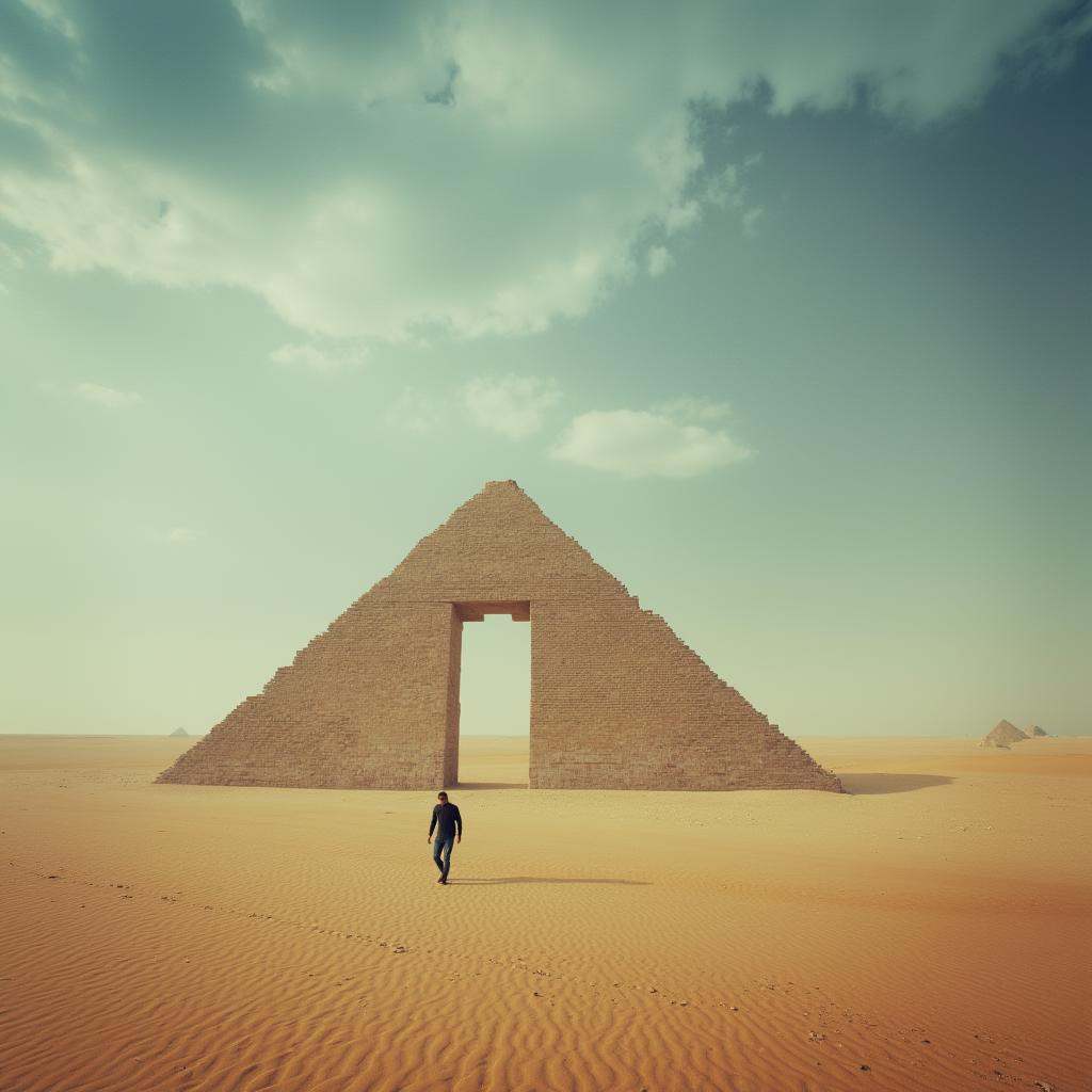 Surrealist art cinematic surrealistic style A surrealism photo of a man walking across a desert with a pyramid in the back...