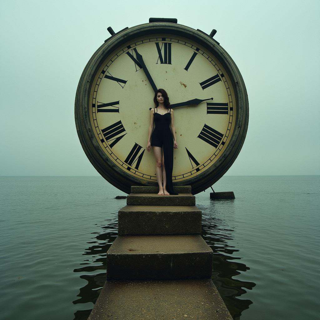 Surrealist art cinematic surrealistic style A surrealism photo of a woman standing on a set of stairs in front of a wrecke...