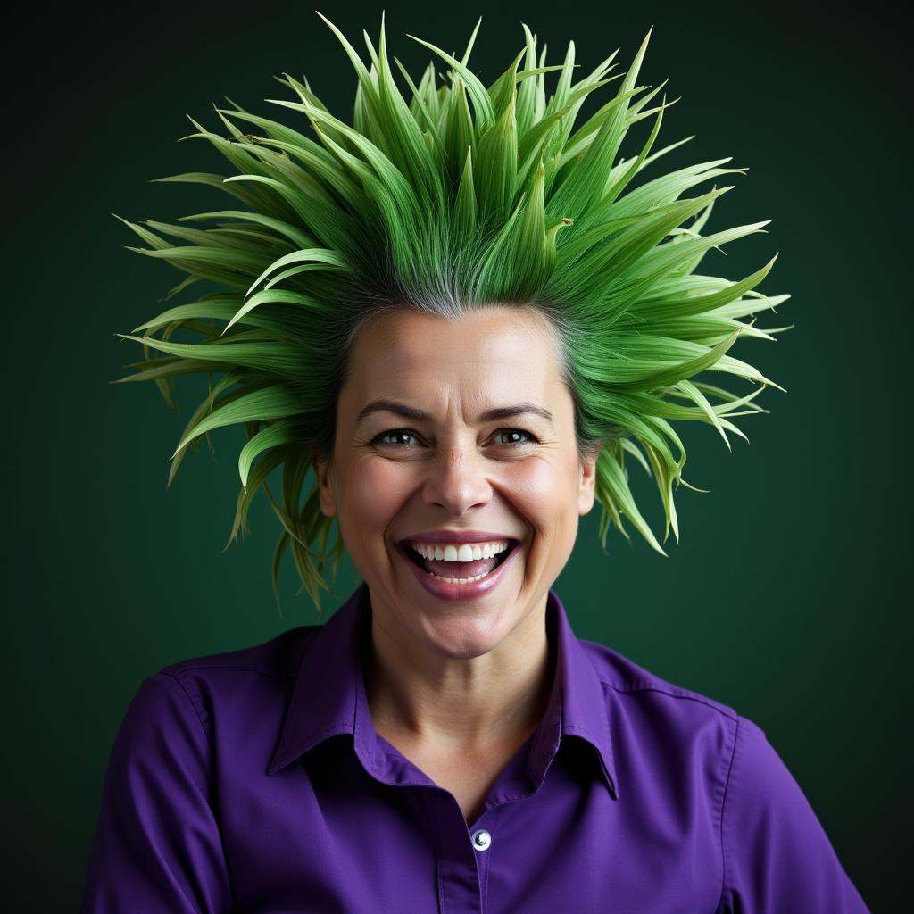 Surrealist art cinematic surrealistic style a smiling woman with green grass hair and a purple shirt,  dreamlike,  mysteri...