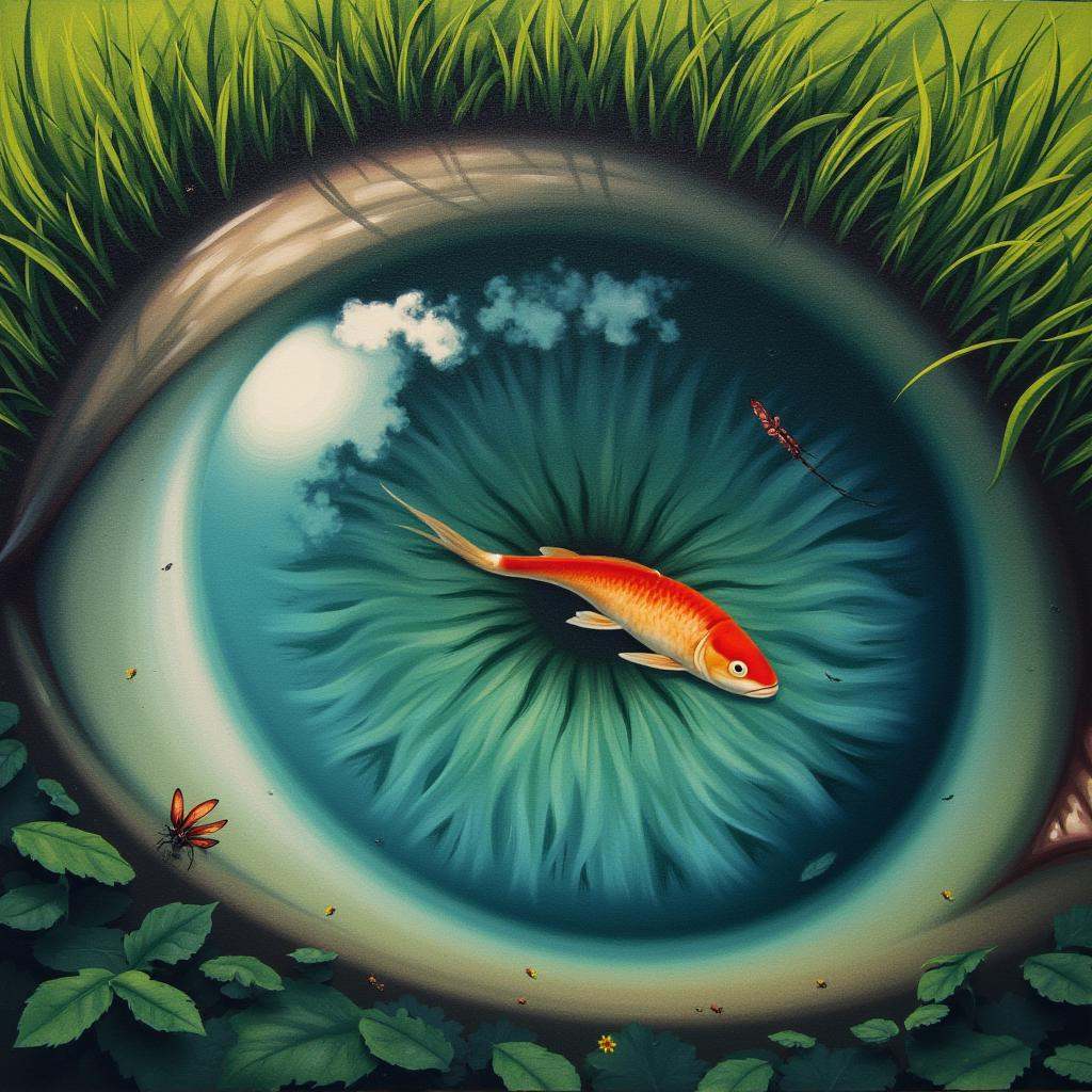 Surrealist art cinematic surrealistic style A surrealism photo of a painting of a fish in a eye shaped pond of water,  wat...