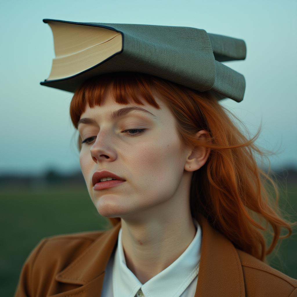 Surrealism,  cinematic surrealistic stylecinematic film style,  Juxtaposition of a woman with a book on her head on Tensor...