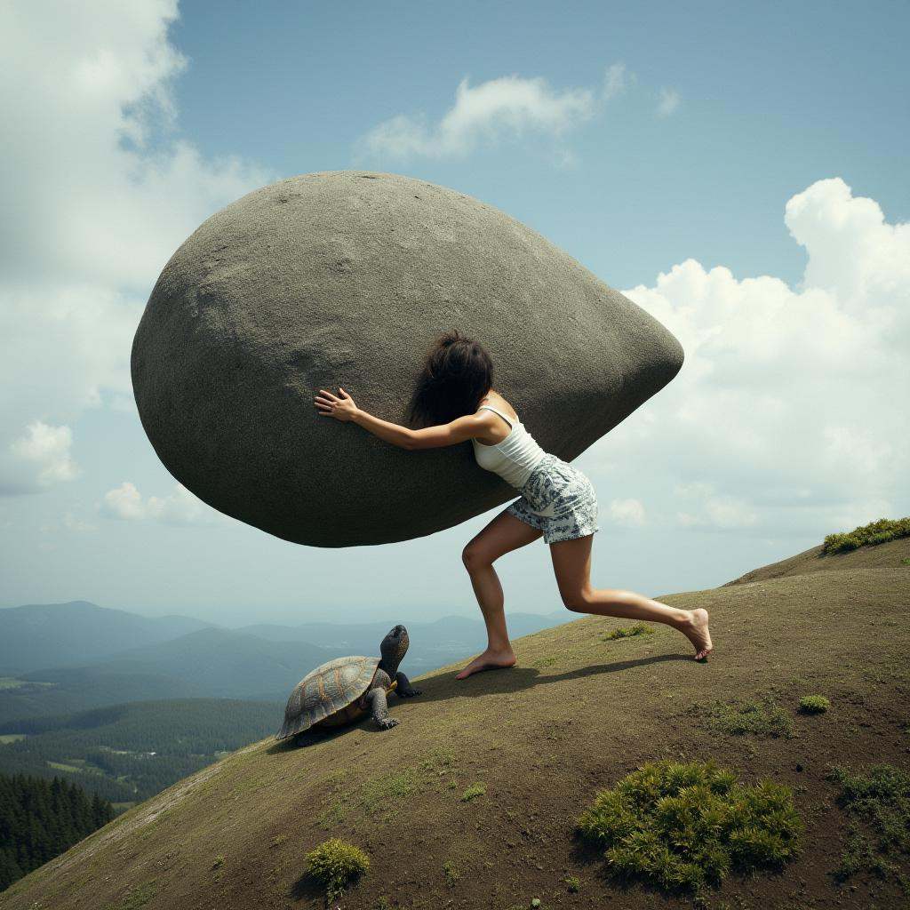 Surrealist art cinematic surrealistic style A surrealism photo of a woman is pushing a large rock up a hill,  solo,  long...