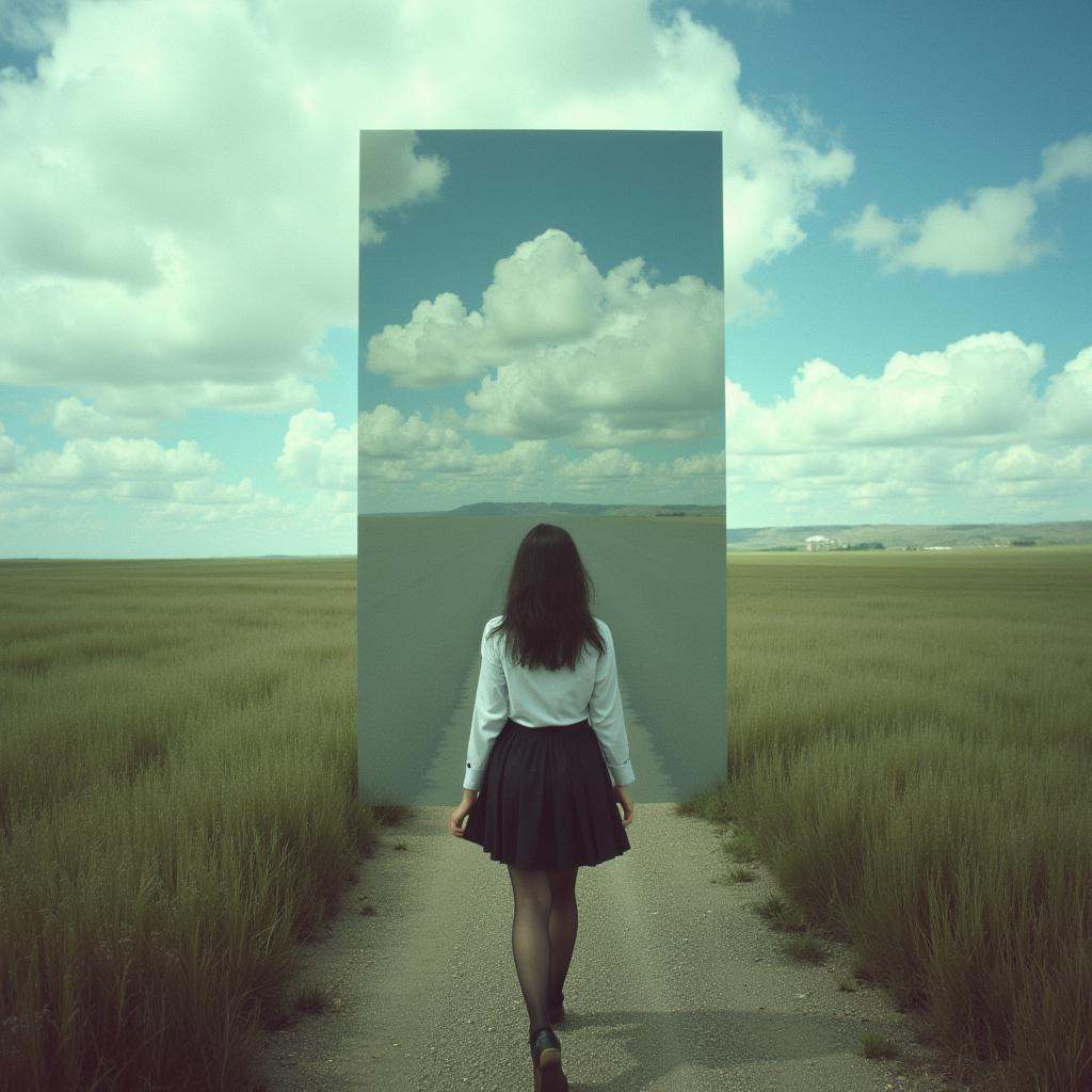 Surrealist art cinematic surrealistic style A surrealism photo of a woman walking down a road towards a mirror,  1girl,  s...