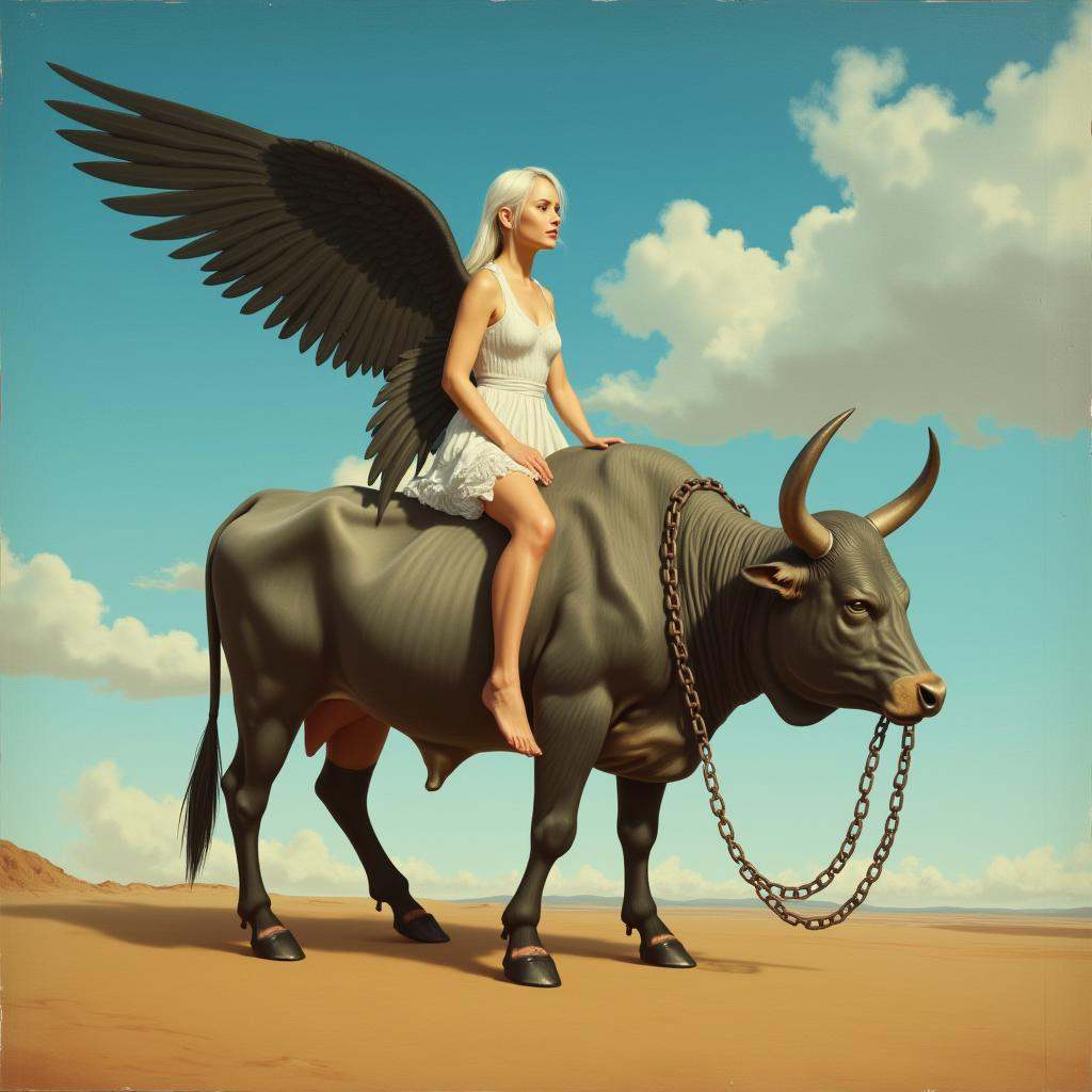 Surrealist art cinematic surrealistic style A surrealism photo of a painting of a woman on a bull with a man on it,  1girl...