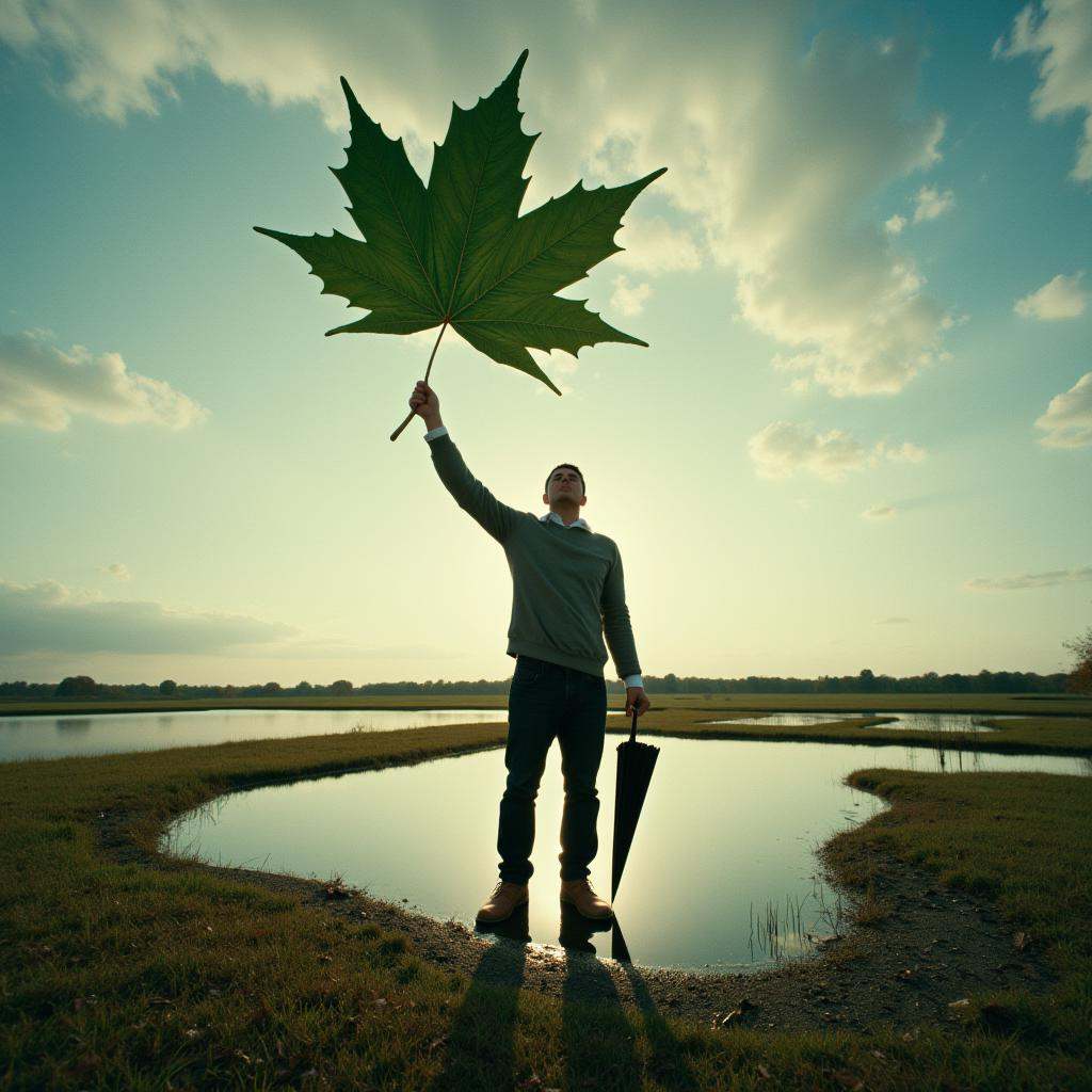 Surrealism,  cinematic surrealistic styleCinematic In Forced perspective style a person holding a large leaf in the air,...