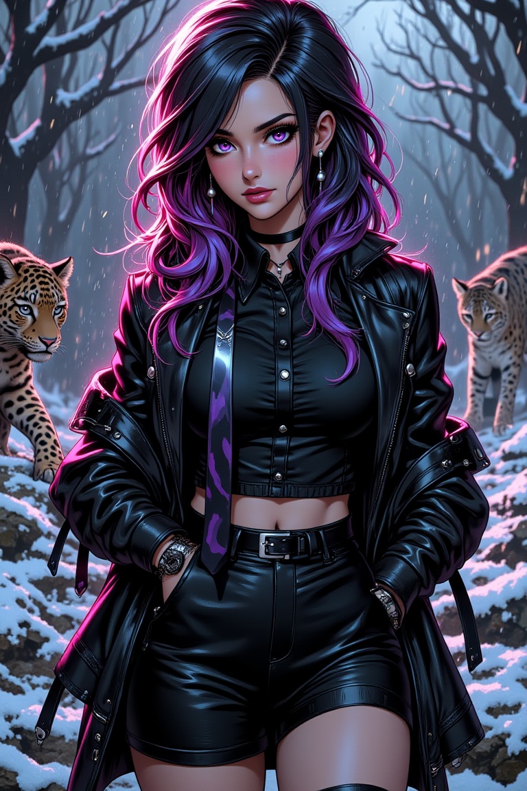 A close-up of a beautiful gothic girl with multicolored hair,  wearing a mini outfit with a shirt and tie,  jacket on Tens...