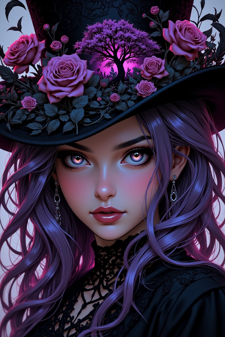 Dark roses and black feathers swirl around the mysterious woman's face as she looks into the lens. Her ornate hat brim hol...