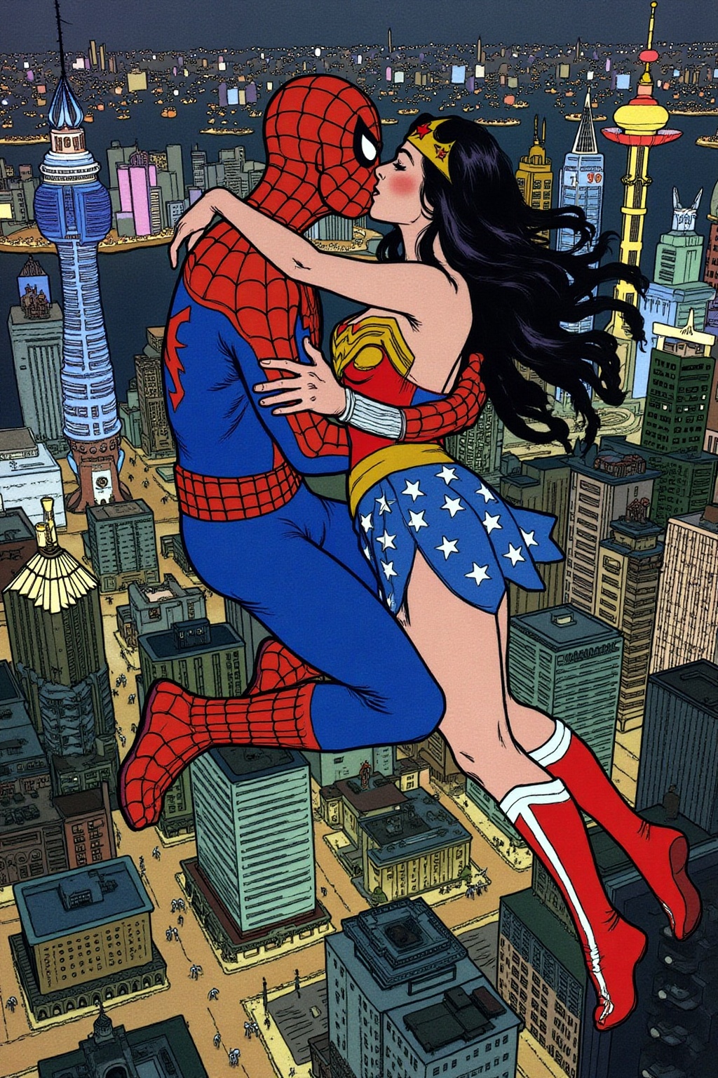 ivanbilibin1 illustration. Spider-man and Wonder Woman,  kissing,  floating above Shanghai on Tensor.Art