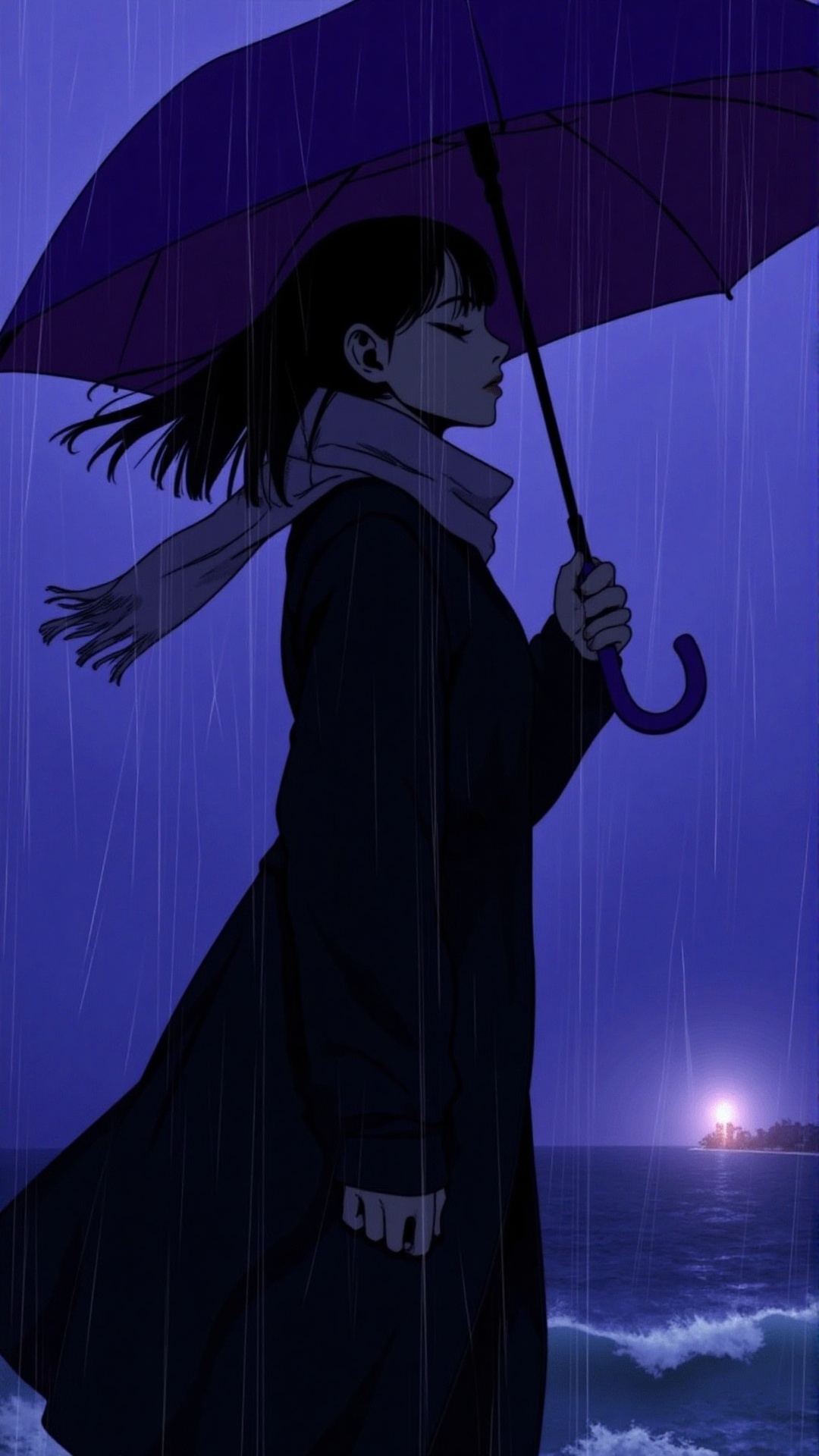 "A mysterious anime woman standing on a coastal cliff during a rainy evening,  holding an umbrella being blown by strong w...