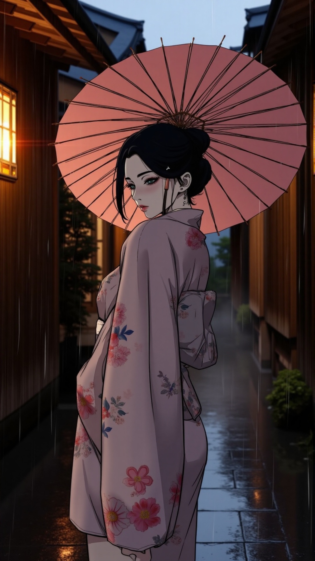 "A graceful anime-style woman standing in a narrow Kyoto alley during soft evening rain. She wears a modernized kimono wit...