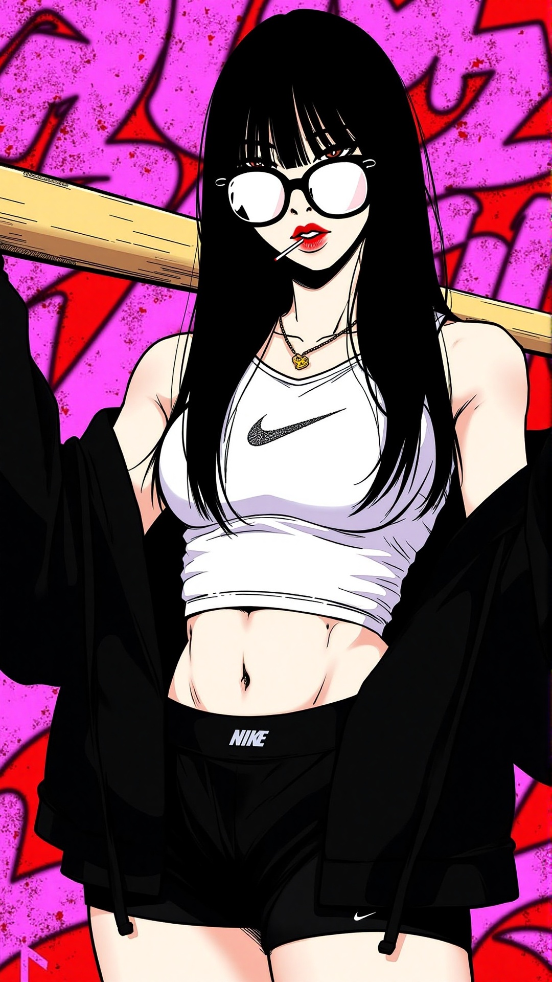 "A confident manhwa-style woman with long straight black hair and bangs,  wearing large black glasses and bold red lipstic...