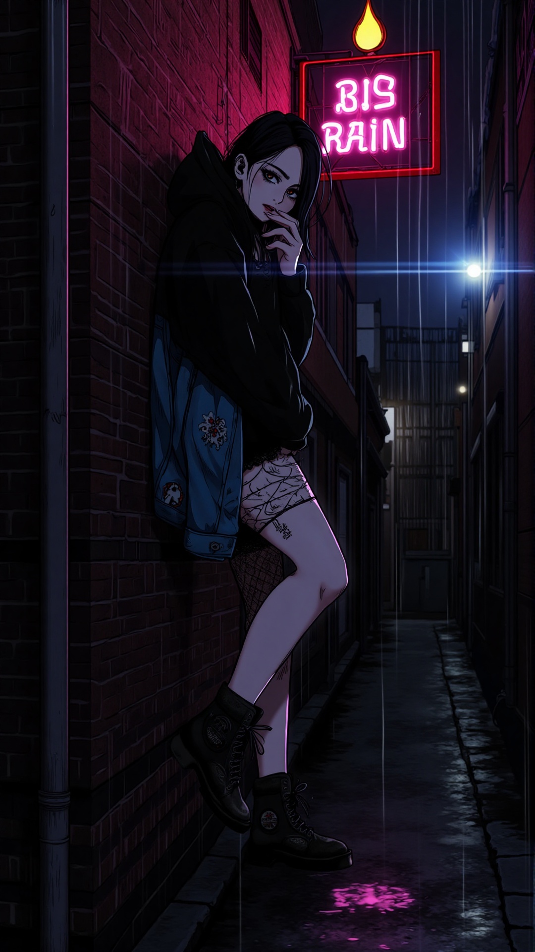 "A rebellious anime girl leaning against a brick wall in a narrow alley at night,  light rain falling. She wears a ripped...