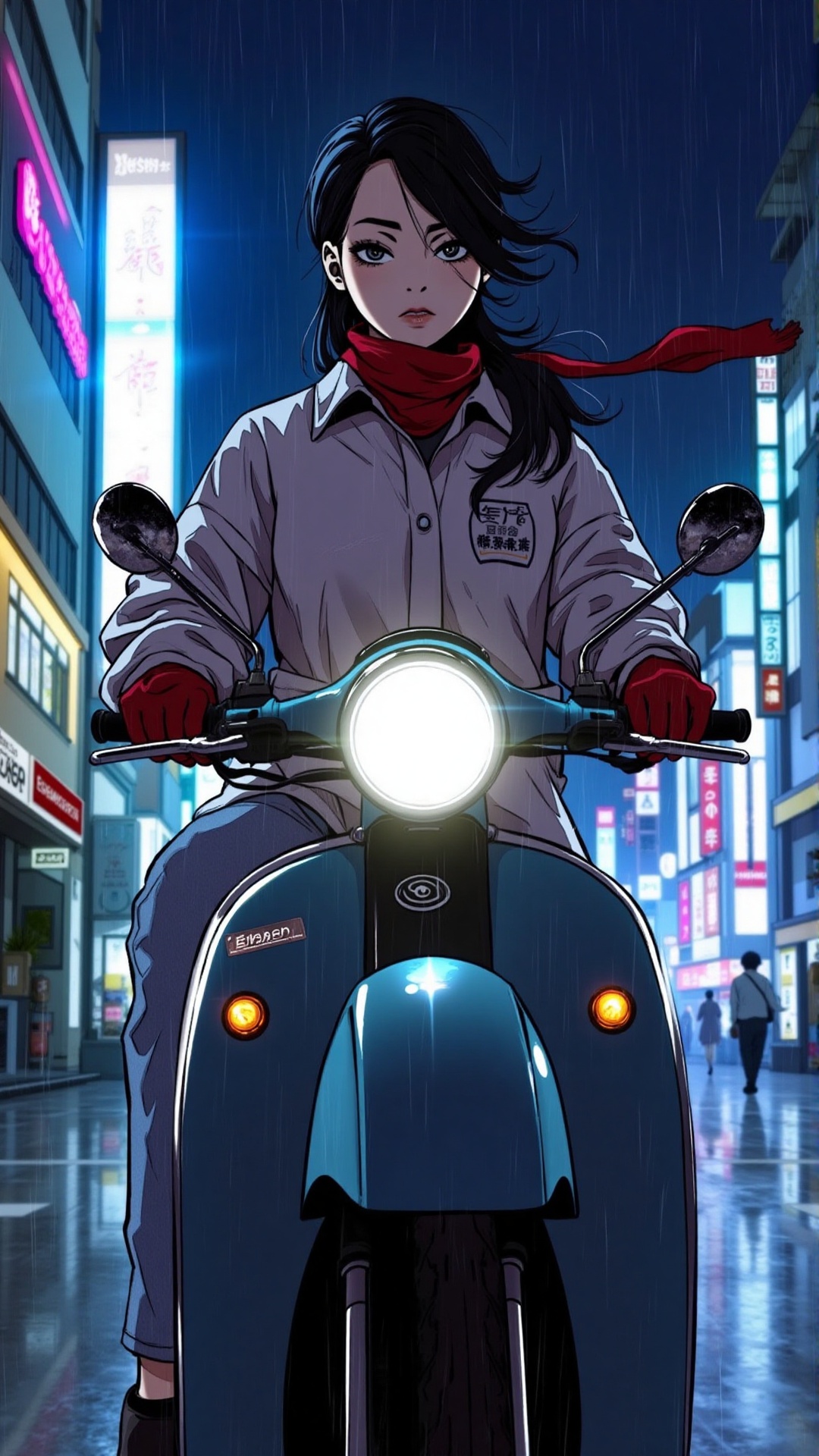 "A cool anime-style woman riding a retro scooter through a city street under the rain. She wears a cropped waterproof jack...