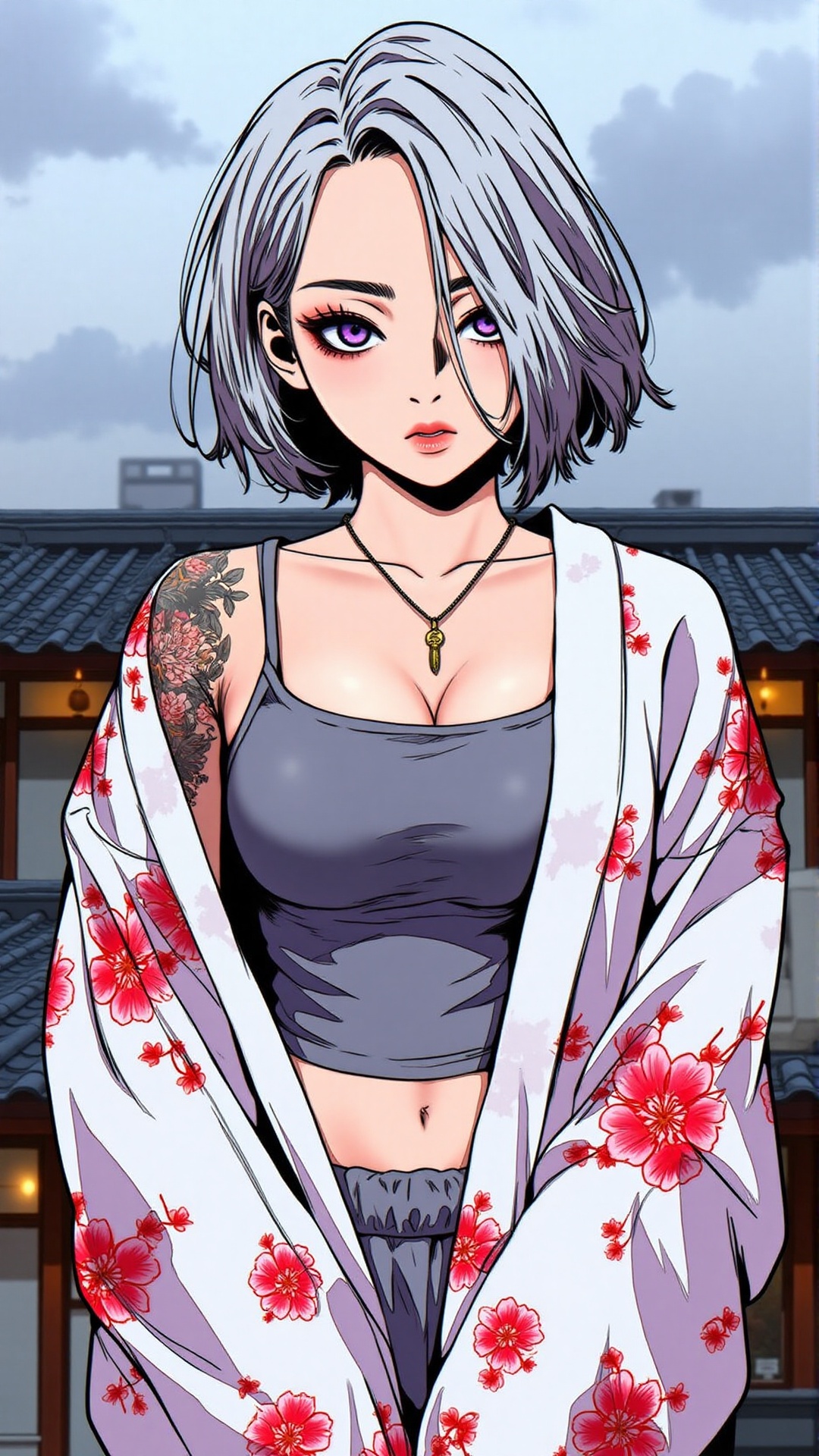 "A stunning anime-style woman with short silver and black hair,  intense purple eyes,  and a confident expression. She wea...