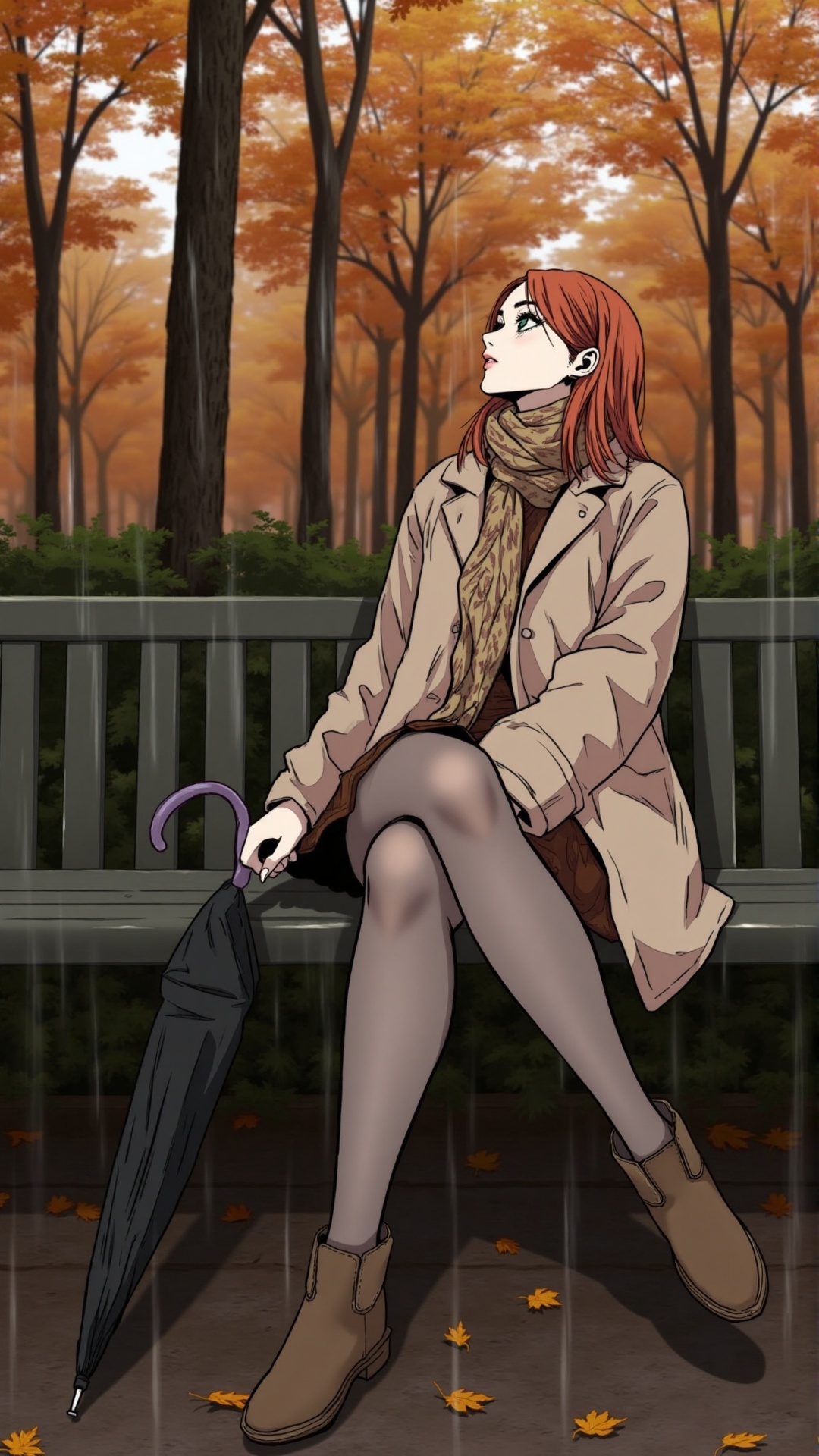 "A melancholic anime-style woman sitting alone on a bench in a rainy autumn park. She wears a warm beige coat,  scarf,  an...