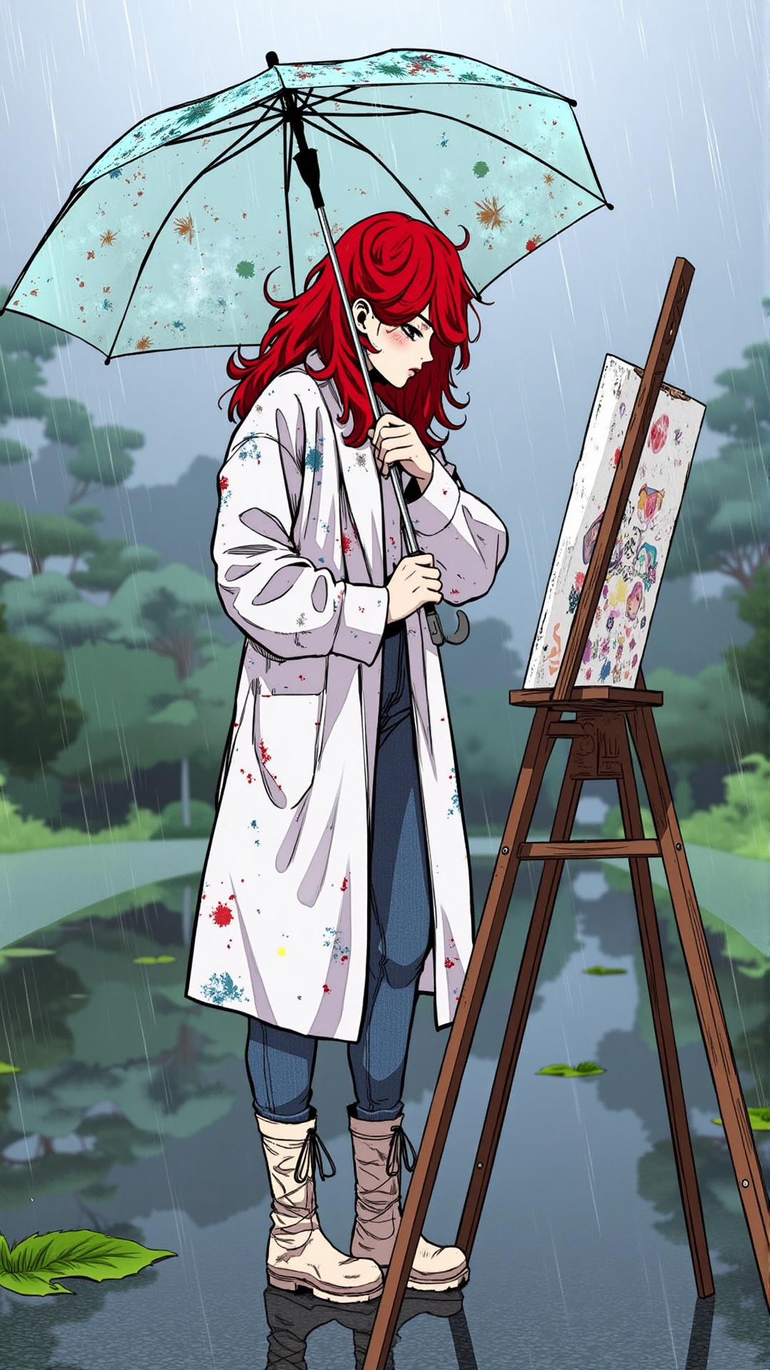 "A dreamy anime girl with a portable easel,  painting in the rain while holding an umbrella with her shoulder. She wears a...