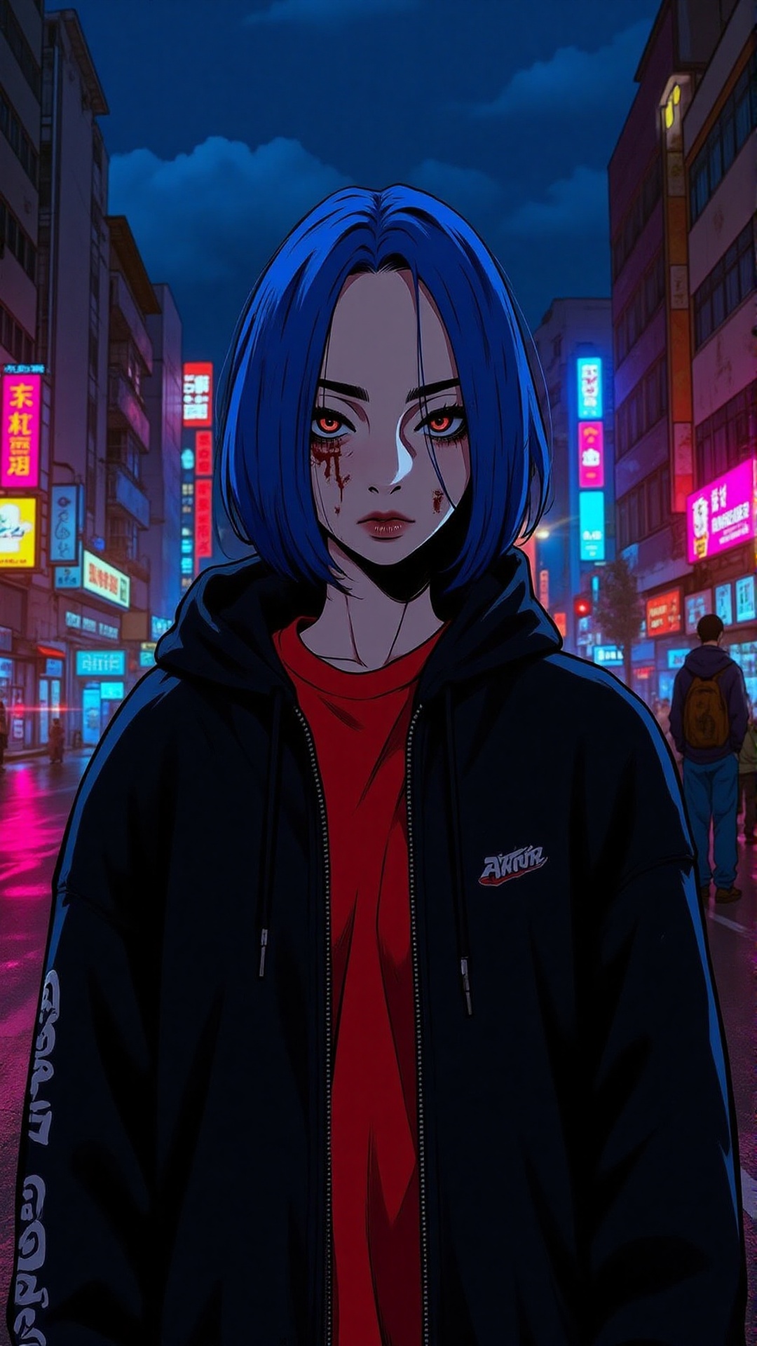 "Cyberpunk manhwa girl with short blue hair,  intense expression,  blood on her face on Tensor.Art
