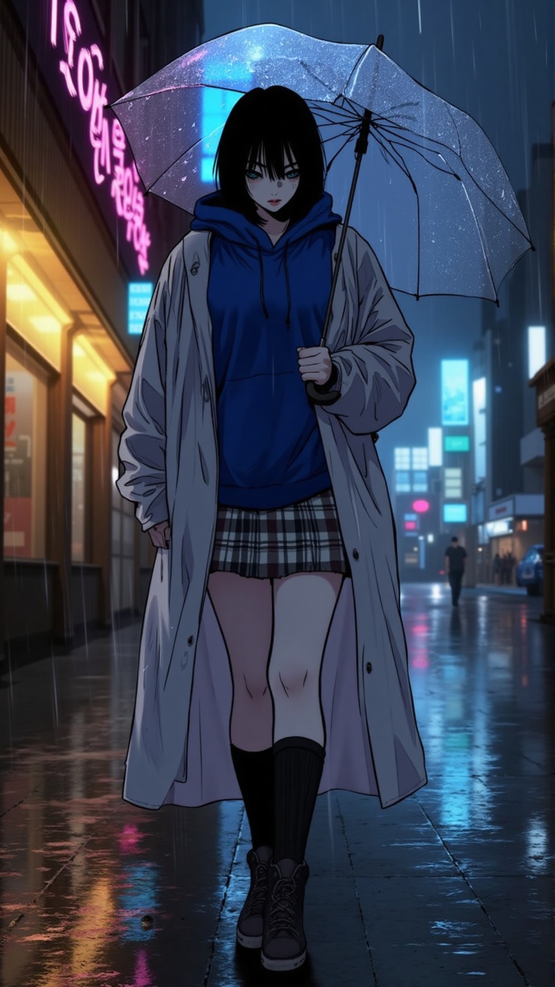 "A fashionable anime-style woman walking alone on a quiet city sidewalk in the rain at dusk. She wears a long oversized tr...