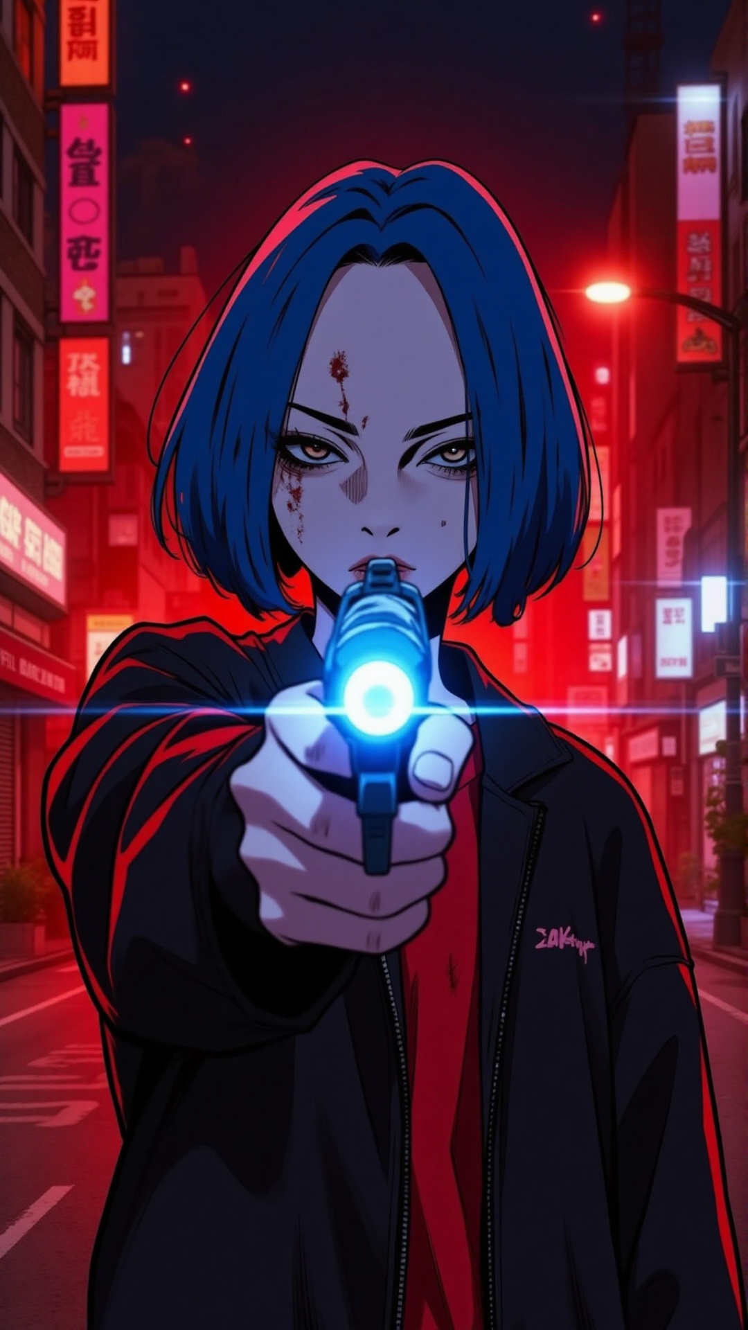 Manhwa girl with short blue hair,  intense expression,  blood on her face on Tensor.Art