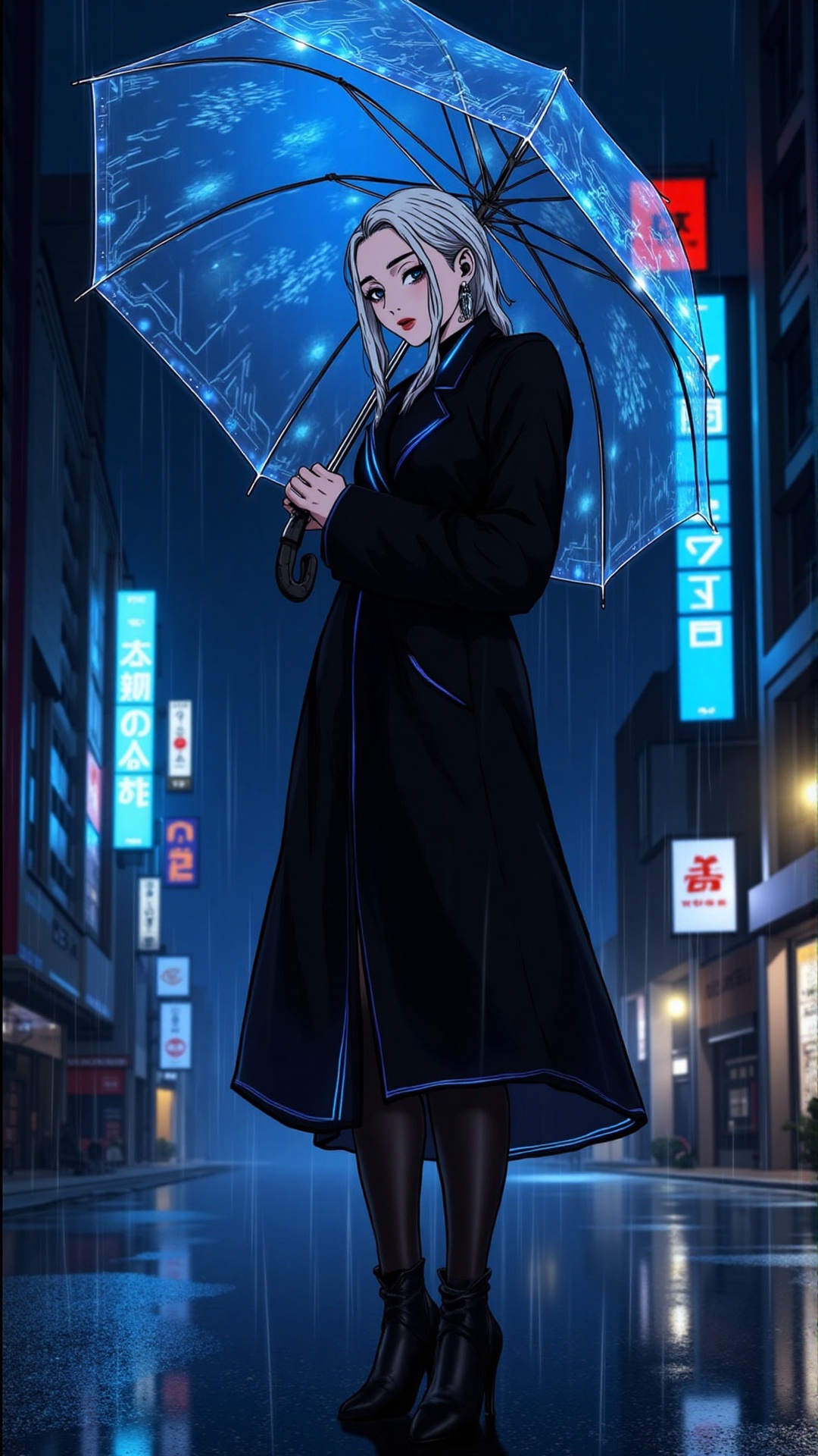 "A sophisticated anime-style woman standing under a streetlamp in a futuristic rainy city at night. She wears a sleek blac...